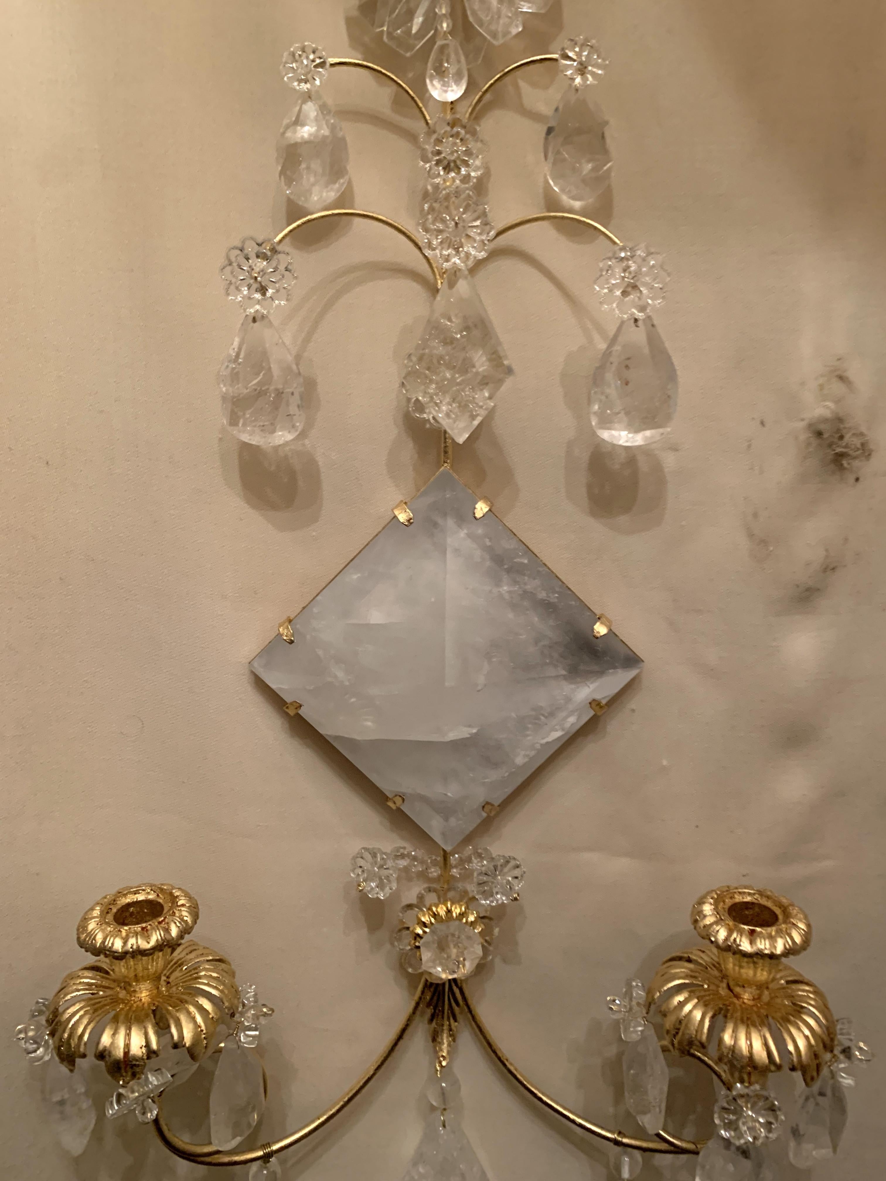 Mid-Century Modern Pair Transitional Gold Leaf Rock Crystal Sconces In Good Condition In Roslyn, NY