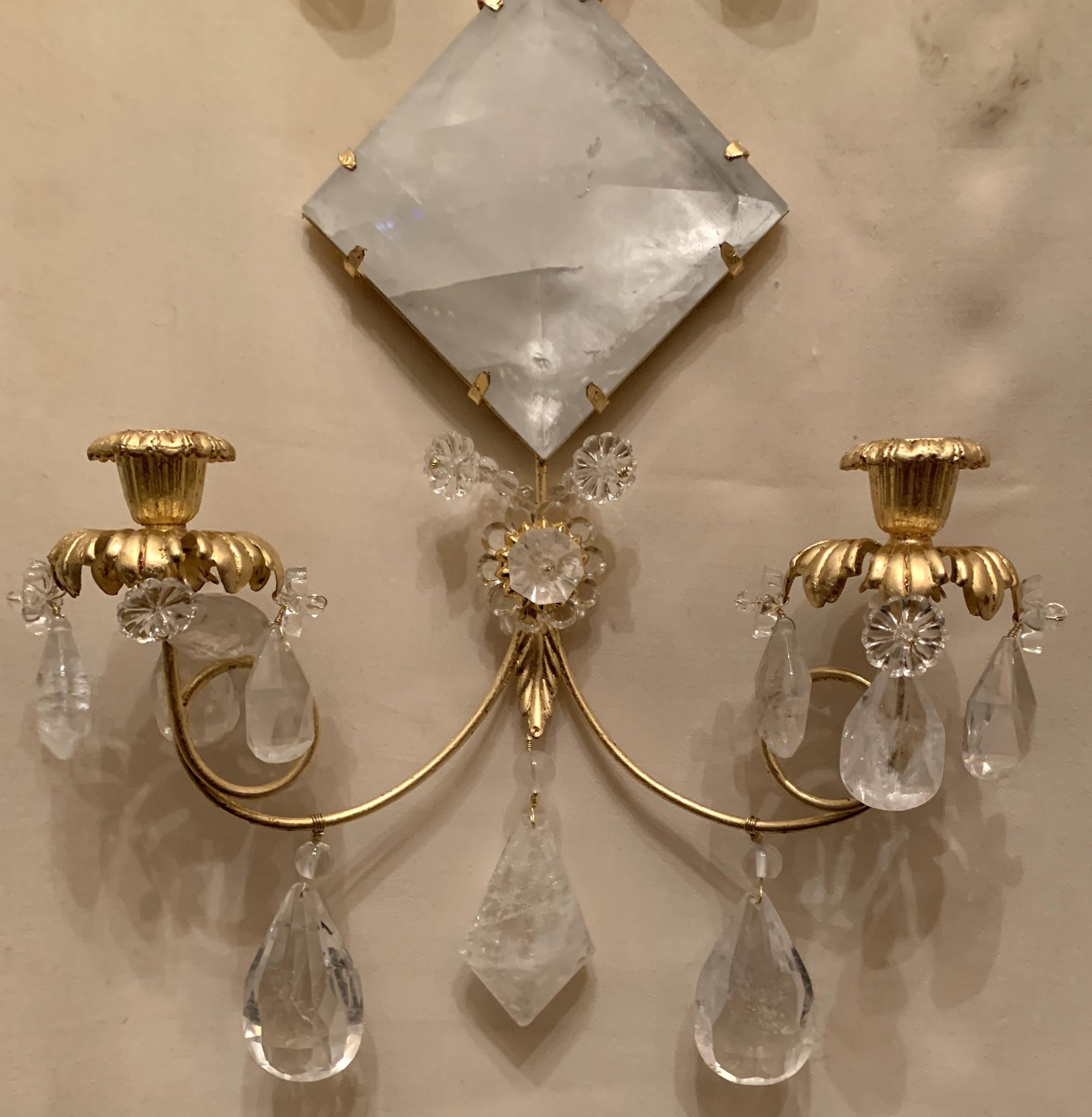 20th Century Mid-Century Modern Pair Transitional Gold Leaf Rock Crystal Sconces