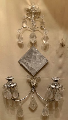 Mid-Century Modern Pair of Transitional Silver Leaf Rock Crystal Sconces