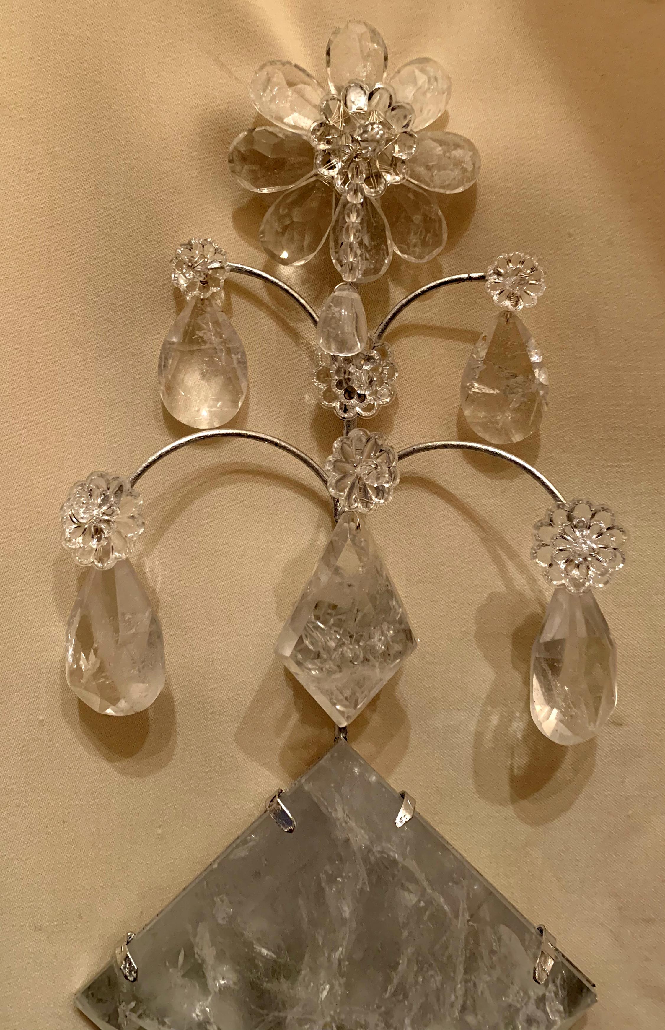 Italian Mid-Century Modern Pair of Transitional Silver Leaf Rock Crystal Sconces