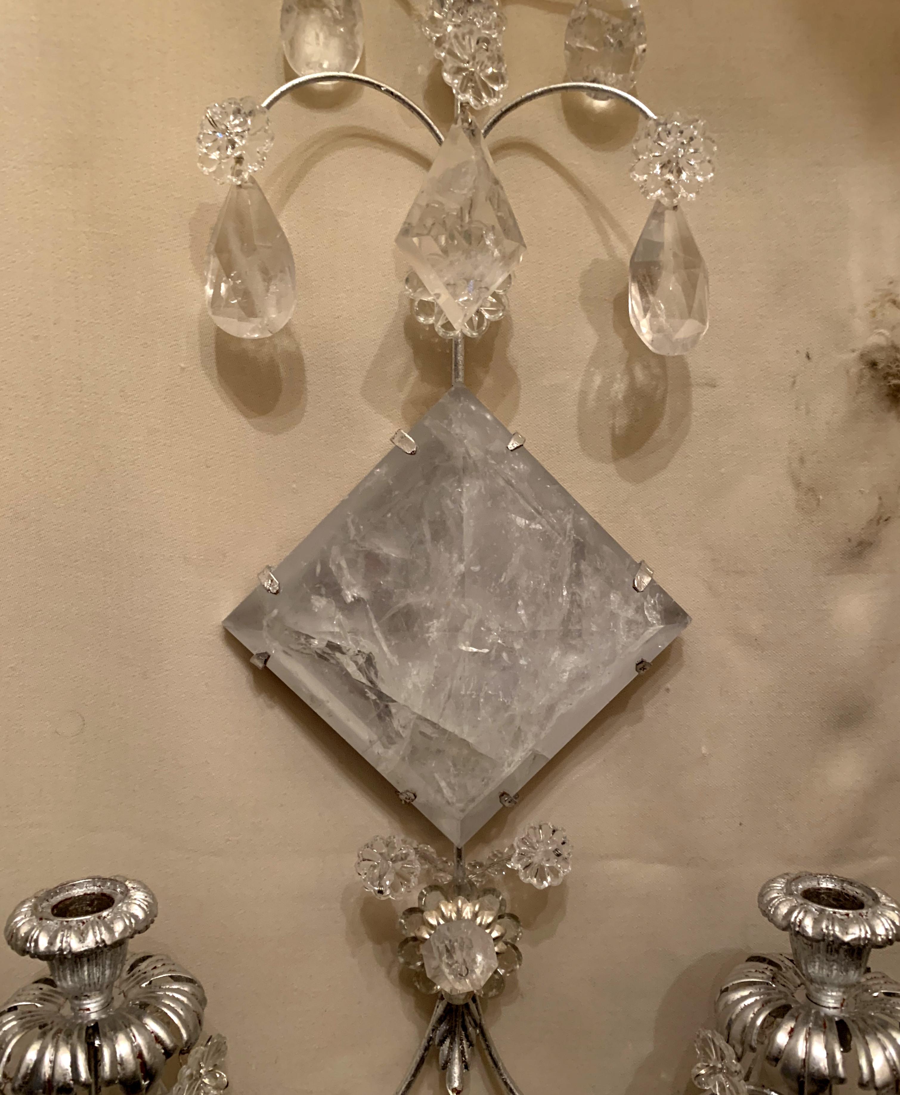 Mid-Century Modern Pair of Transitional Silver Leaf Rock Crystal Sconces In Good Condition In Roslyn, NY