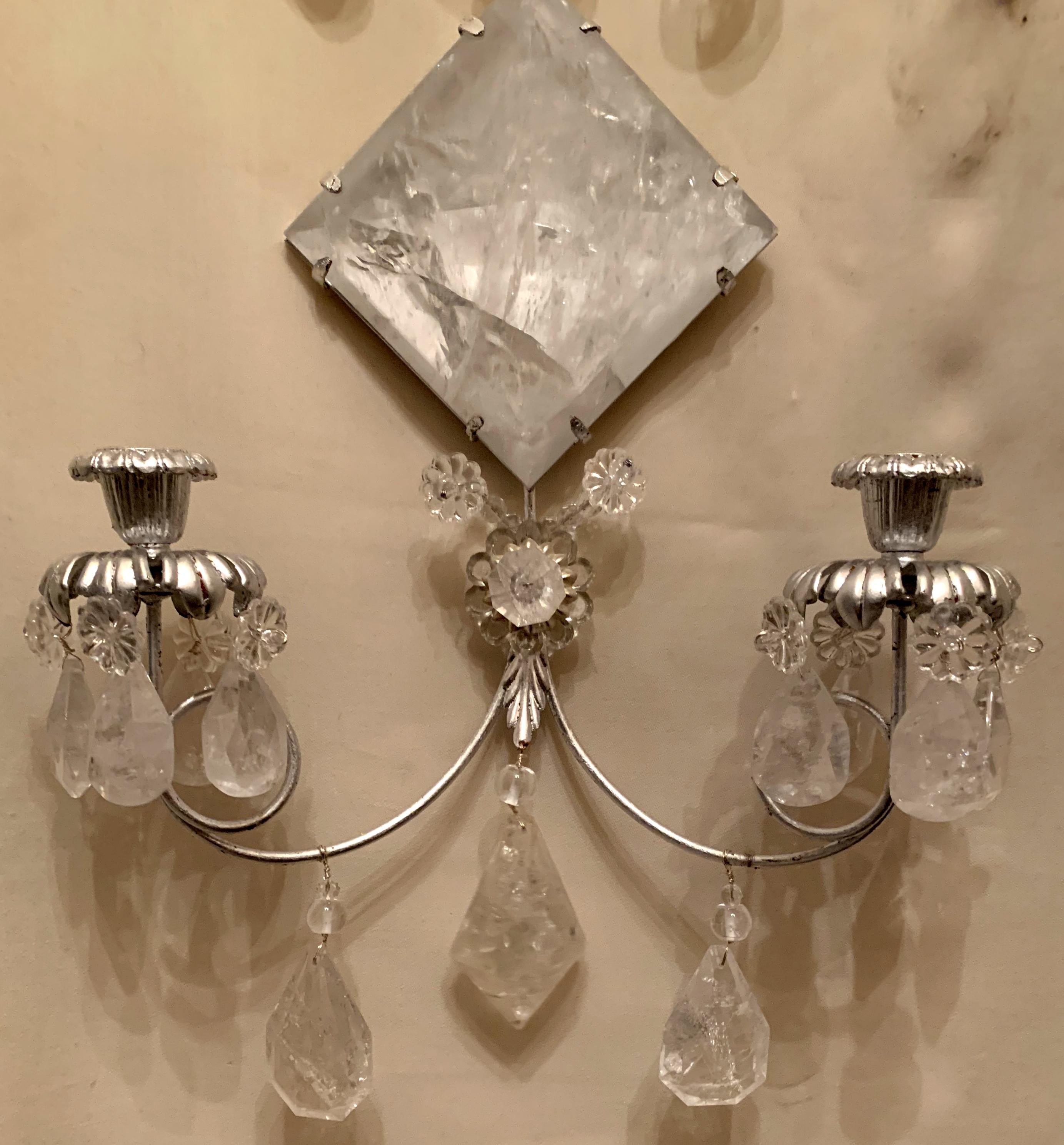 20th Century Mid-Century Modern Pair of Transitional Silver Leaf Rock Crystal Sconces