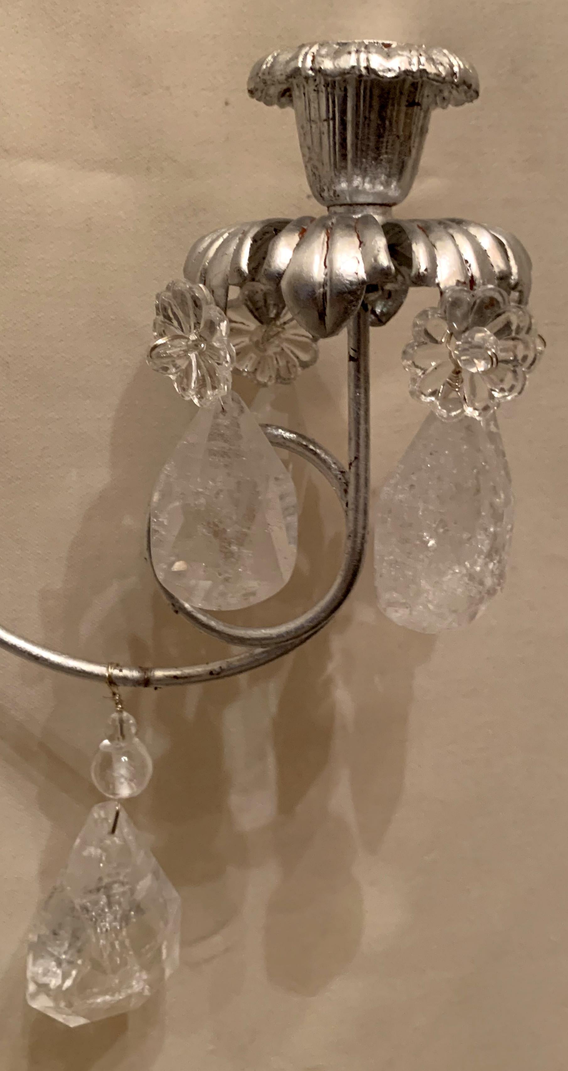 Mid-Century Modern Pair of Transitional Silver Leaf Rock Crystal Sconces 1