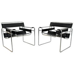 Mid-Century Modern Pair of Tubular Chrome Armchairs Wassily Style 1970s Vinyl