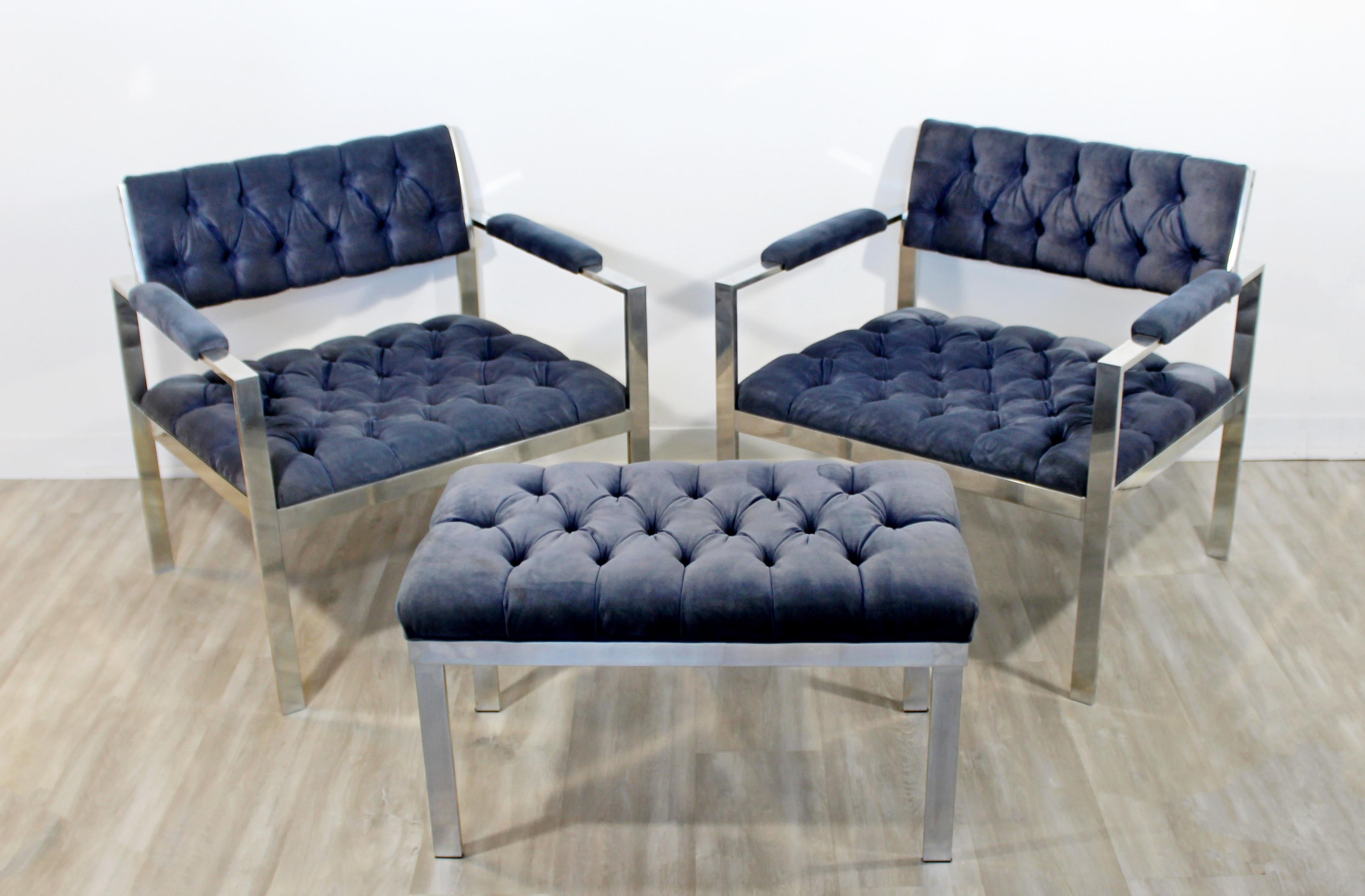 American Mid-Century Modern Pair of Tufted Chrome Lounge Chairs Harvey Probber, 1970s