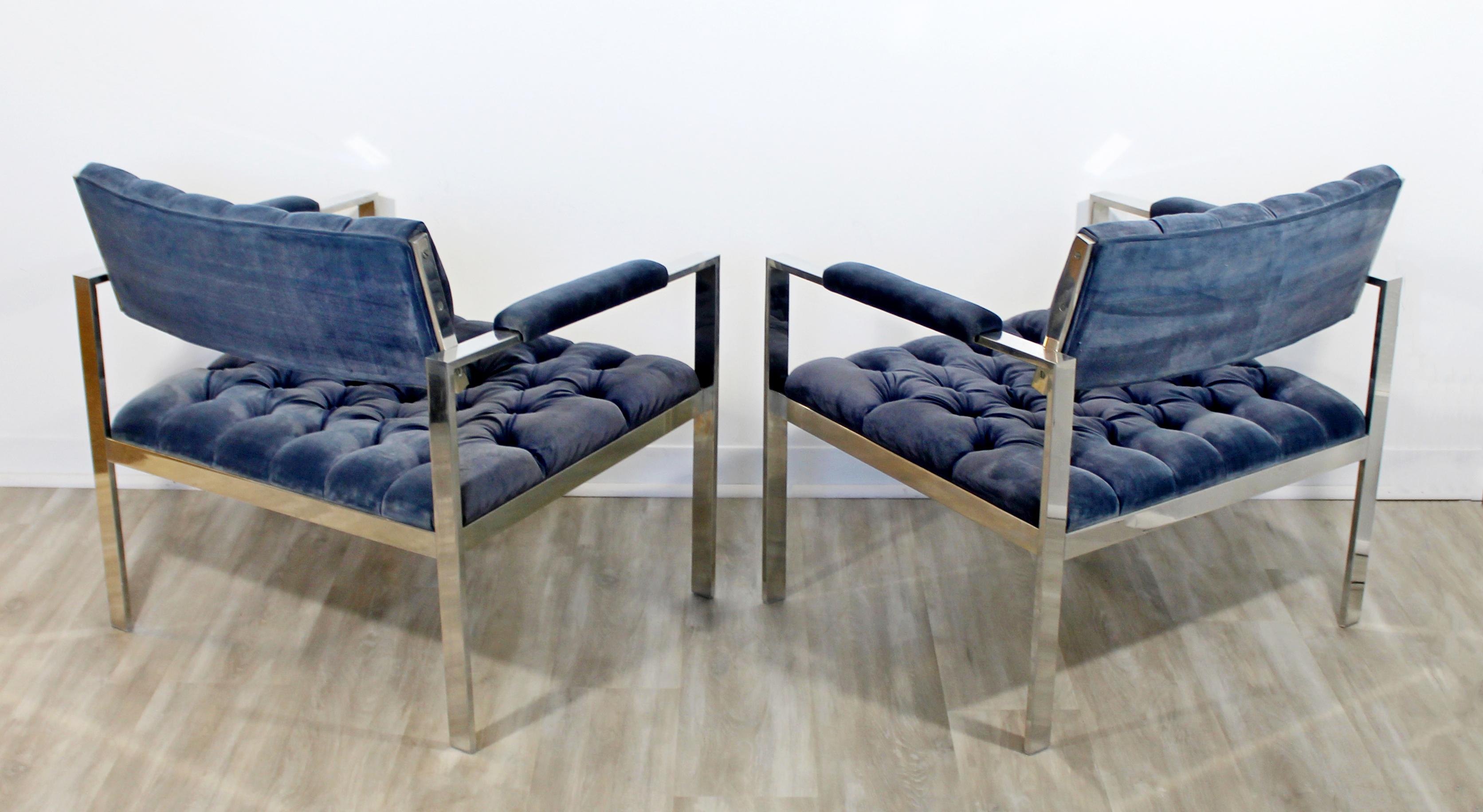 Velvet Mid-Century Modern Pair of Tufted Chrome Lounge Chairs Harvey Probber, 1970s