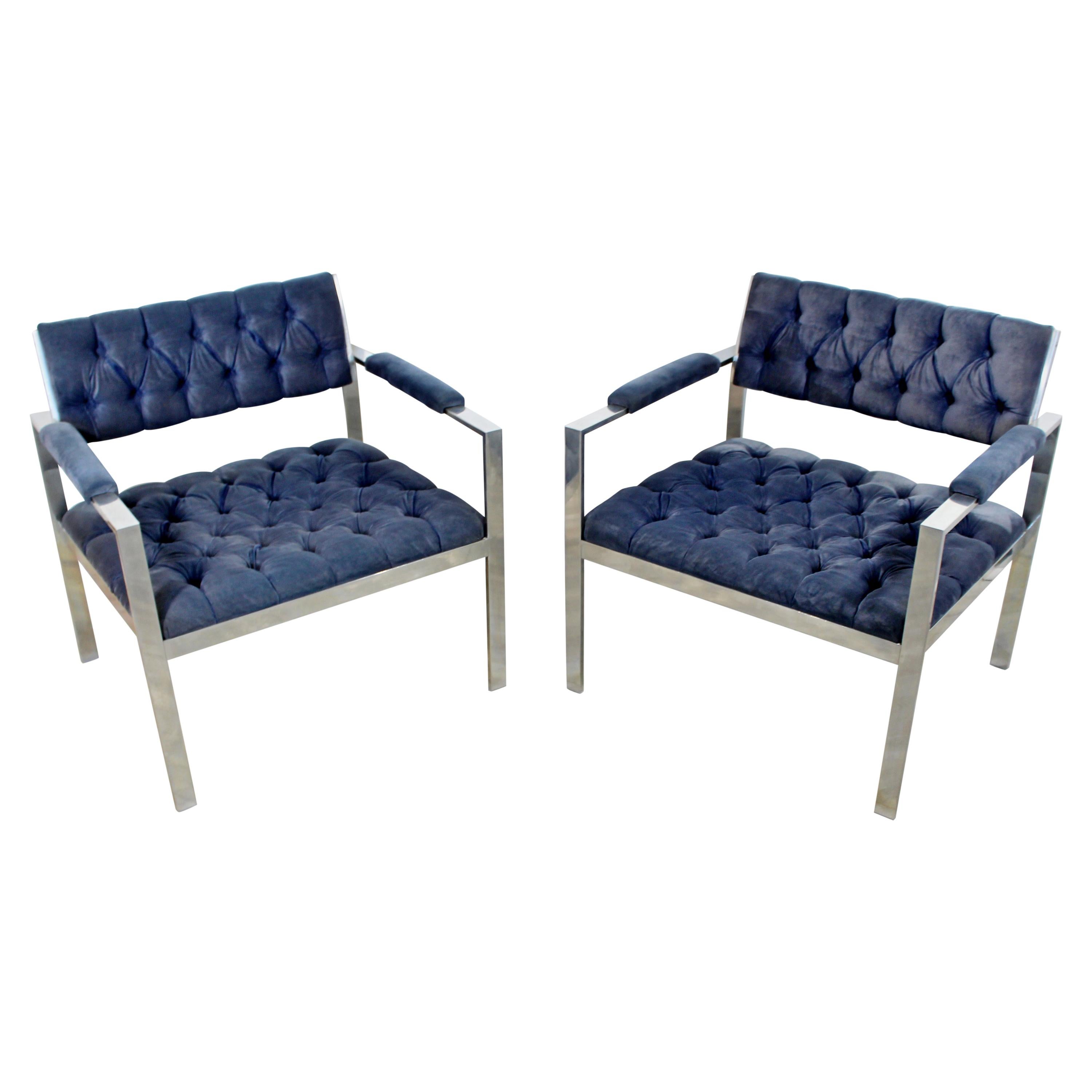 Mid-Century Modern Pair of Tufted Chrome Lounge Chairs Harvey Probber, 1970s