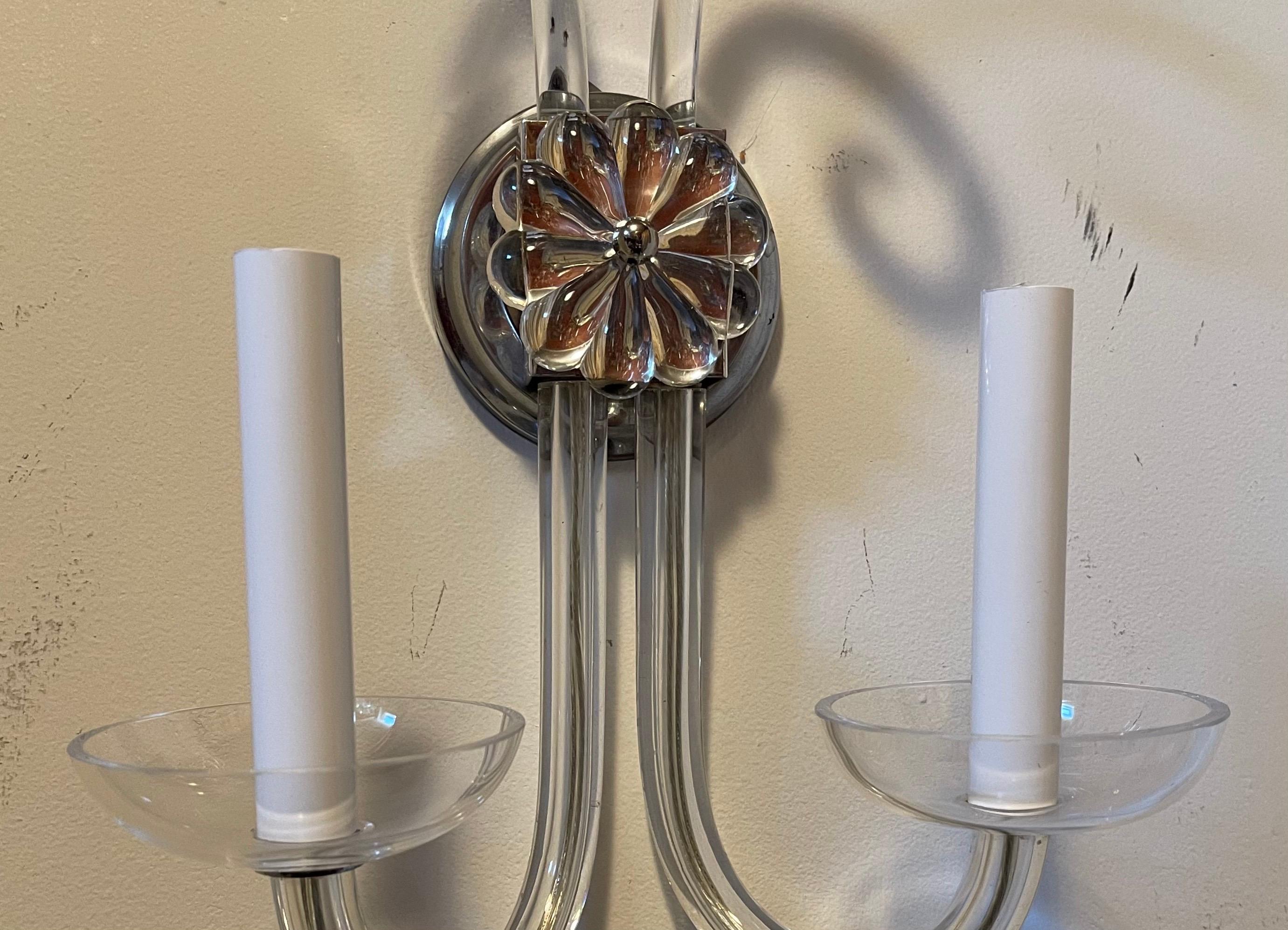 Mid-Century Modern Pair Vintage Transitional 2 Arm Crystal Glass Wall Sconces In Good Condition For Sale In Roslyn, NY