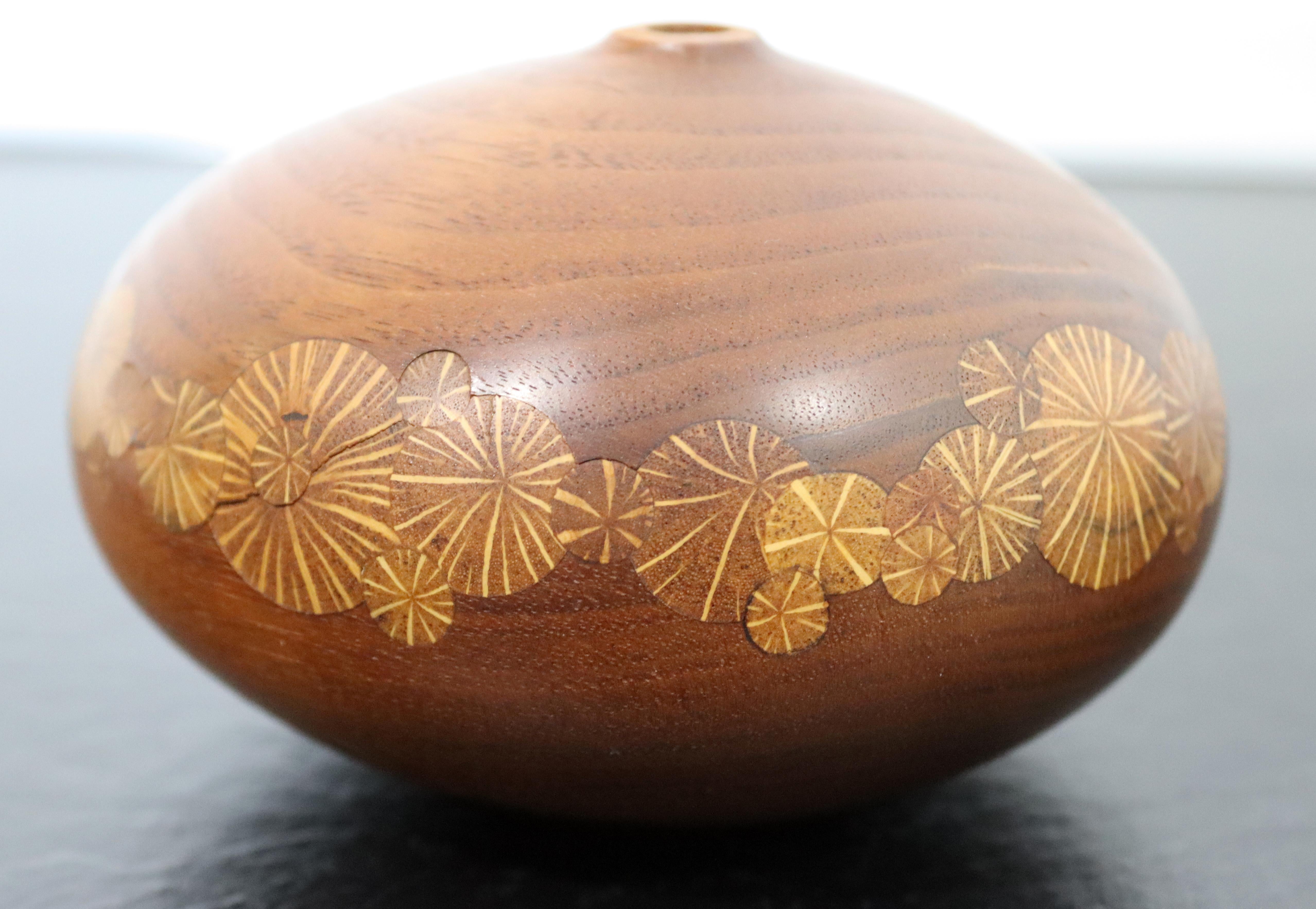 Late 20th Century Mid-Century Modern Pair Wood Vessels Floral Engraved Design Signed Roger Sloan