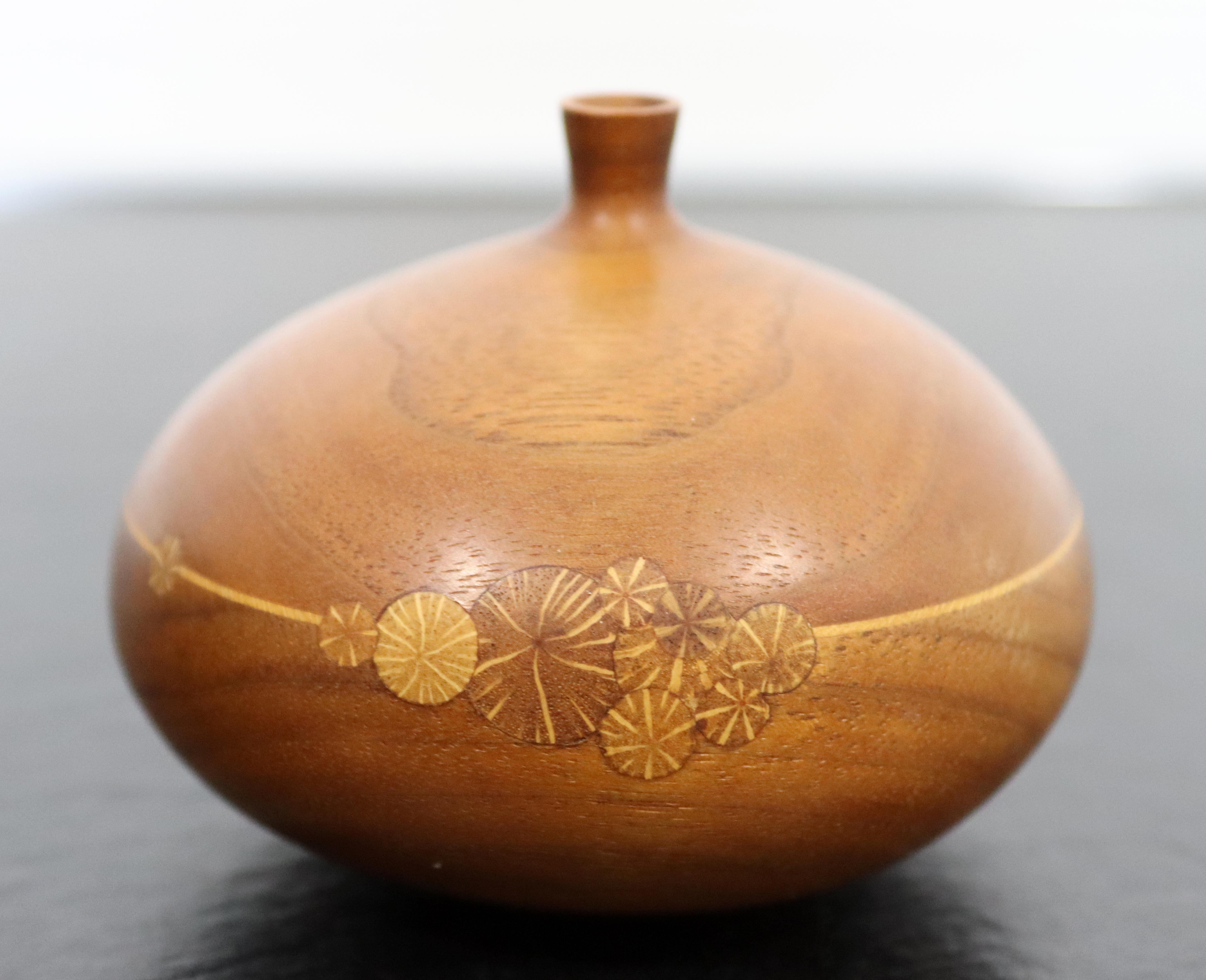 Mid-Century Modern Pair Wood Vessels Floral Engraved Design Signed Roger Sloan 1