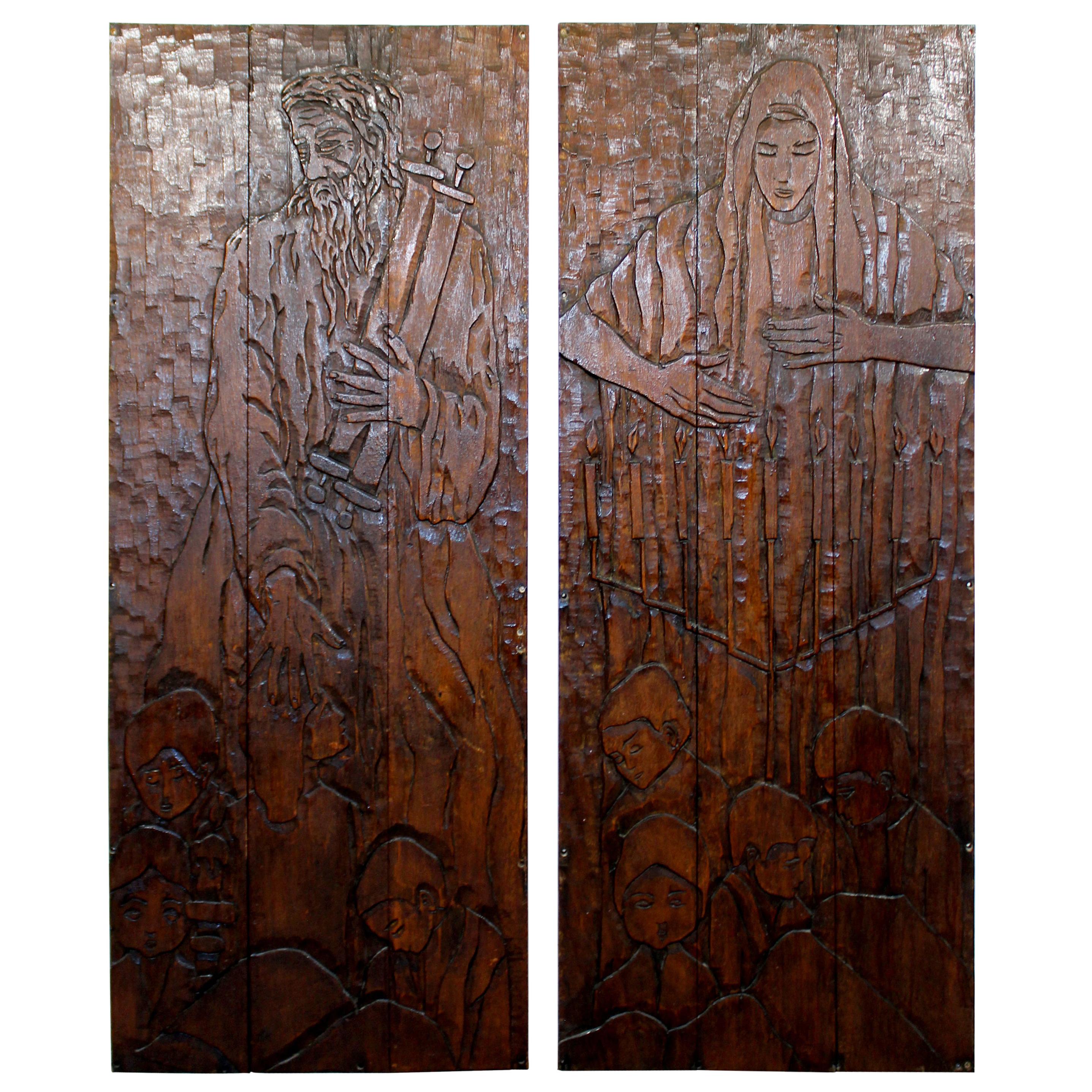 Mid-Century Modern Pair Wood Wall Art Sculpture Relief Gaugy Style Moses Meriam