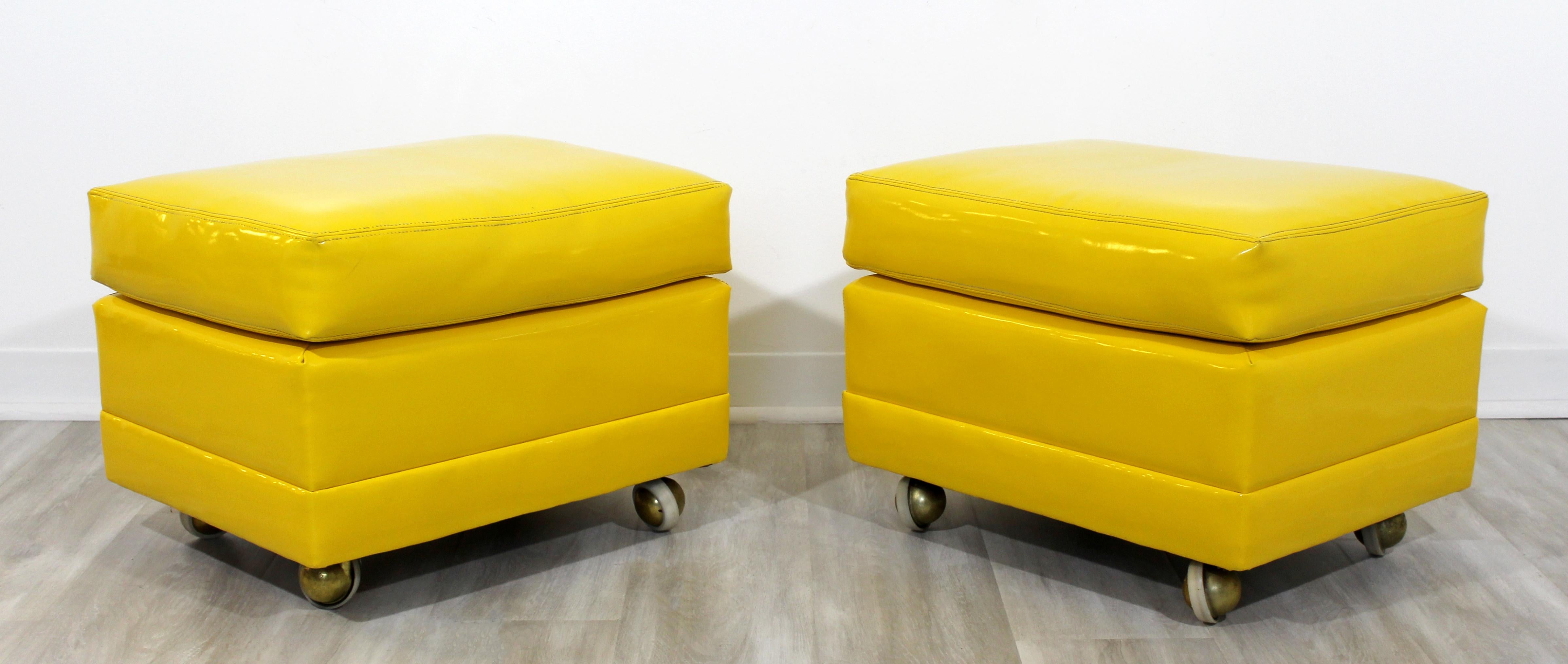 American Mid-Century Modern Pair of Yellow Vinyl Stools Benches Seats Ottomans Casters