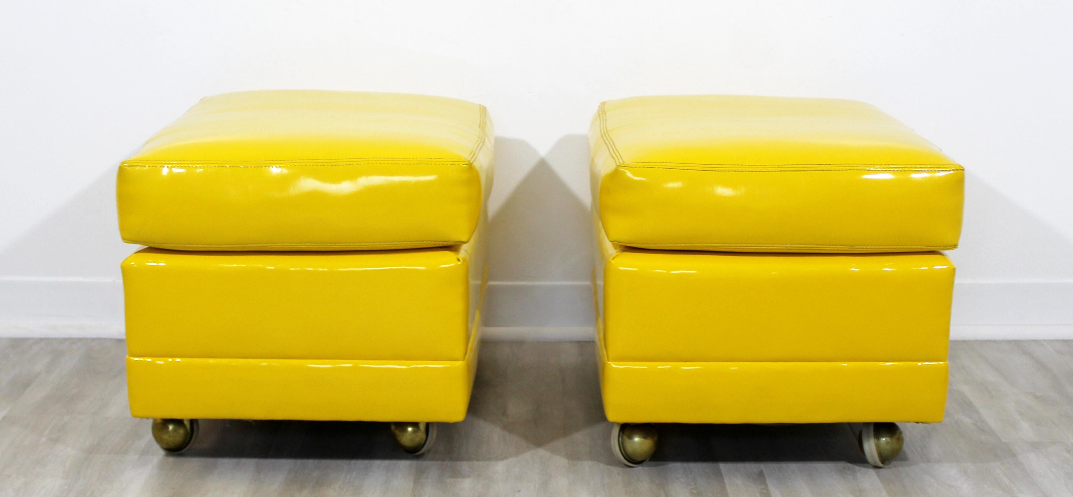 Late 20th Century Mid-Century Modern Pair of Yellow Vinyl Stools Benches Seats Ottomans Casters