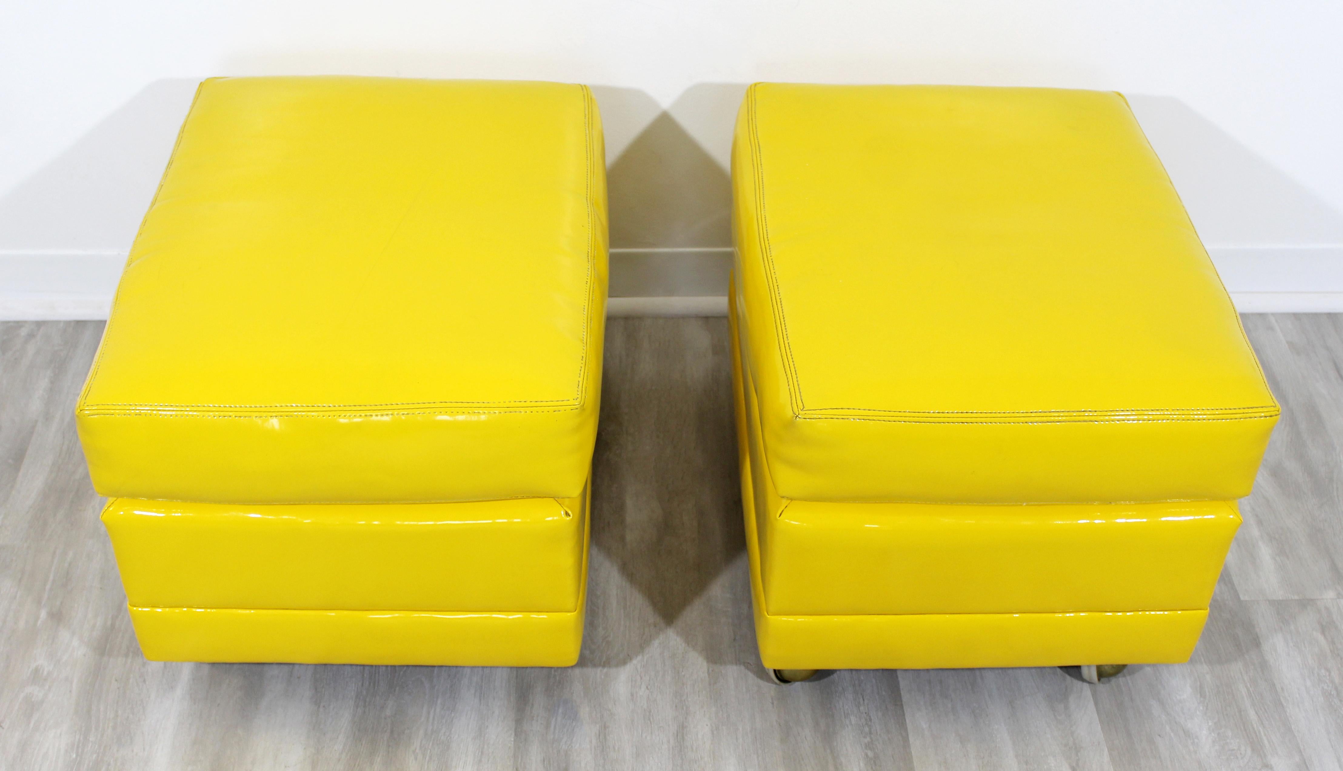 Leather Mid-Century Modern Pair of Yellow Vinyl Stools Benches Seats Ottomans Casters