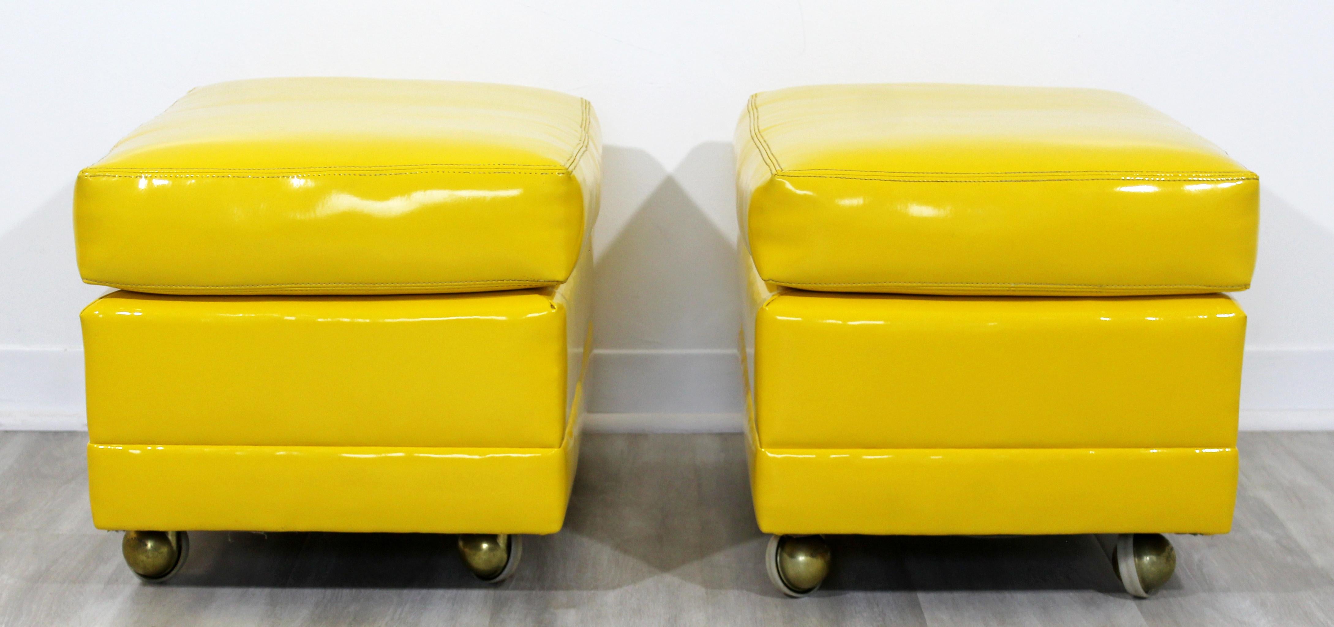 Mid-Century Modern Pair of Yellow Vinyl Stools Benches Seats Ottomans Casters 1
