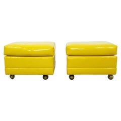 Mid-Century Modern Pair of Yellow Vinyl Stools Benches Seats Ottomans Casters