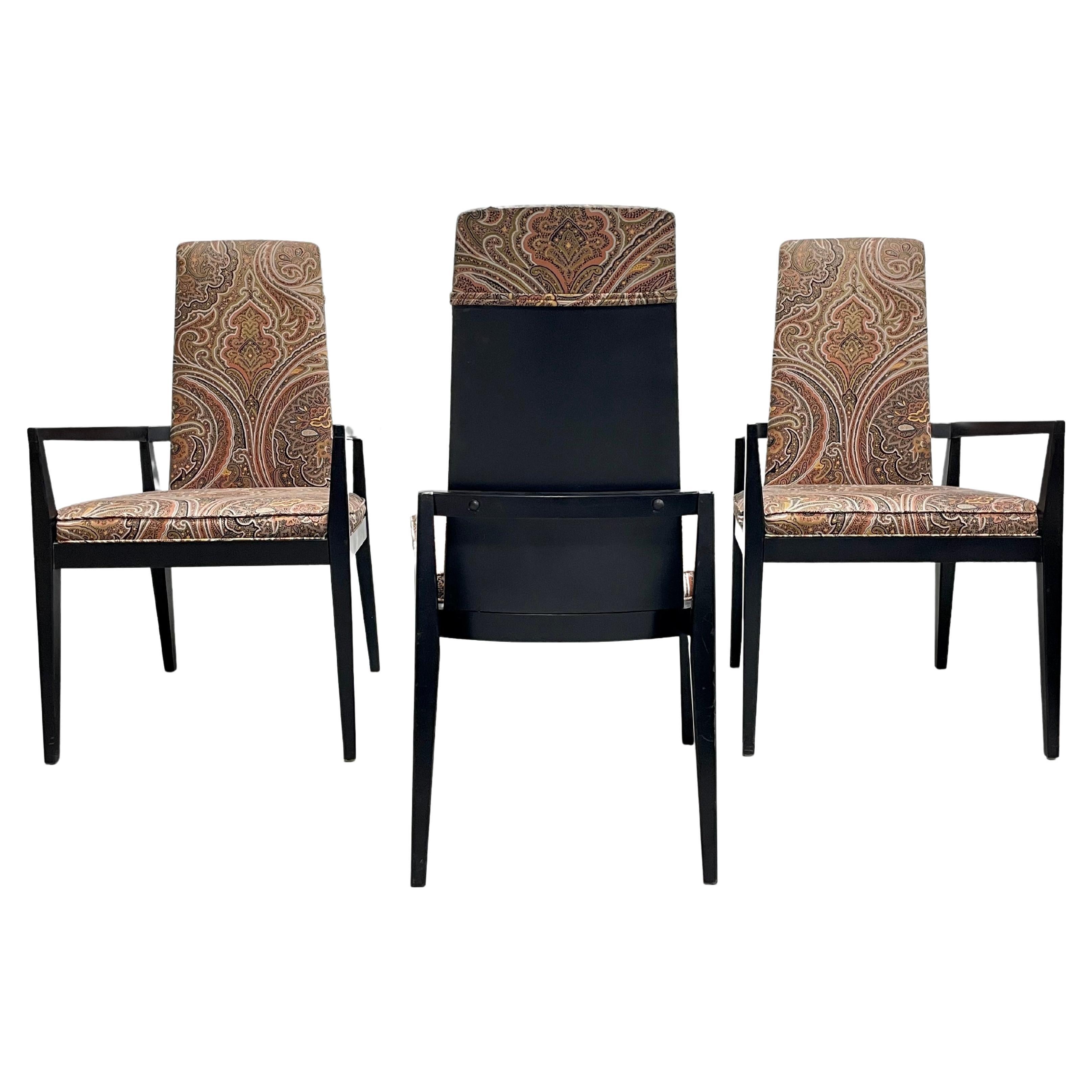 Mid-Century Modern Paisley Ebonized Chairs, Set of Three For Sale