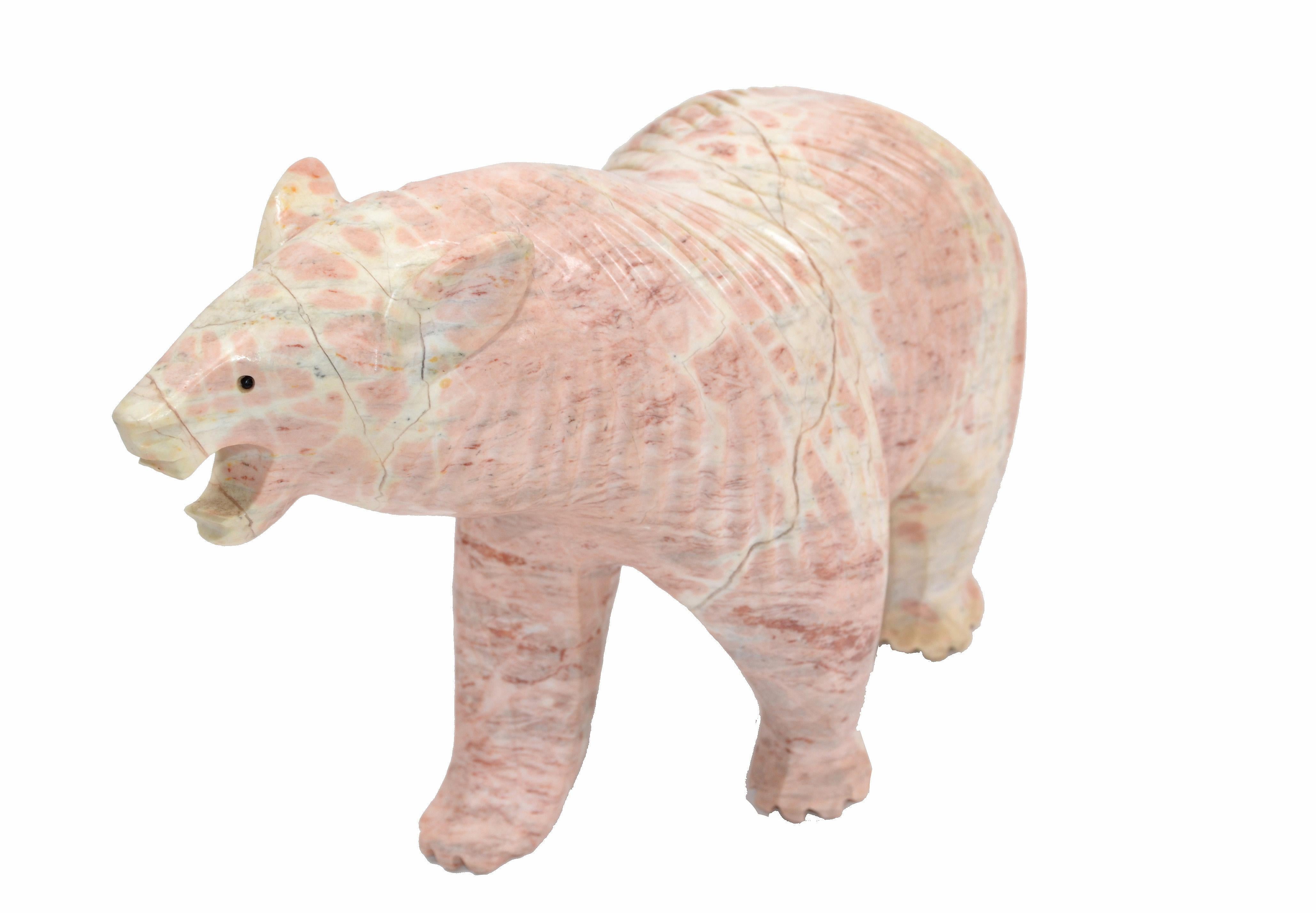 Mid-Century Modern hand carved pale pink marble polar bear figurine, animal sculpture, 1970.