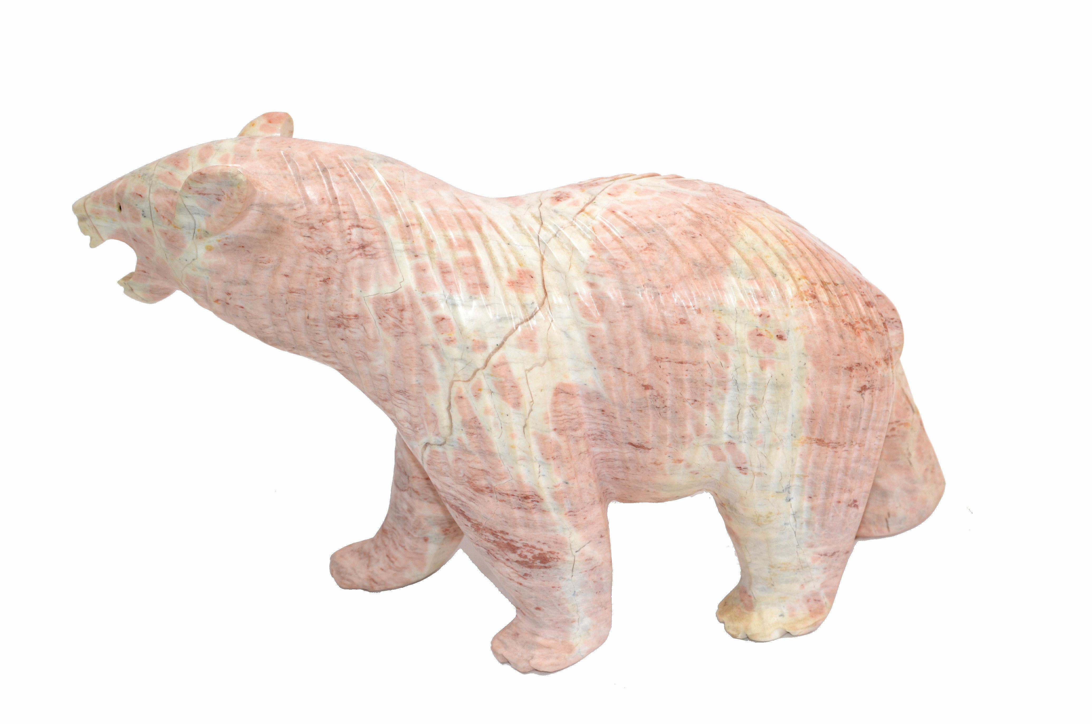 Italian Mid-Century Modern Pale Pink Marble Polar Bear Figurine Animal Sculpture 1970 For Sale