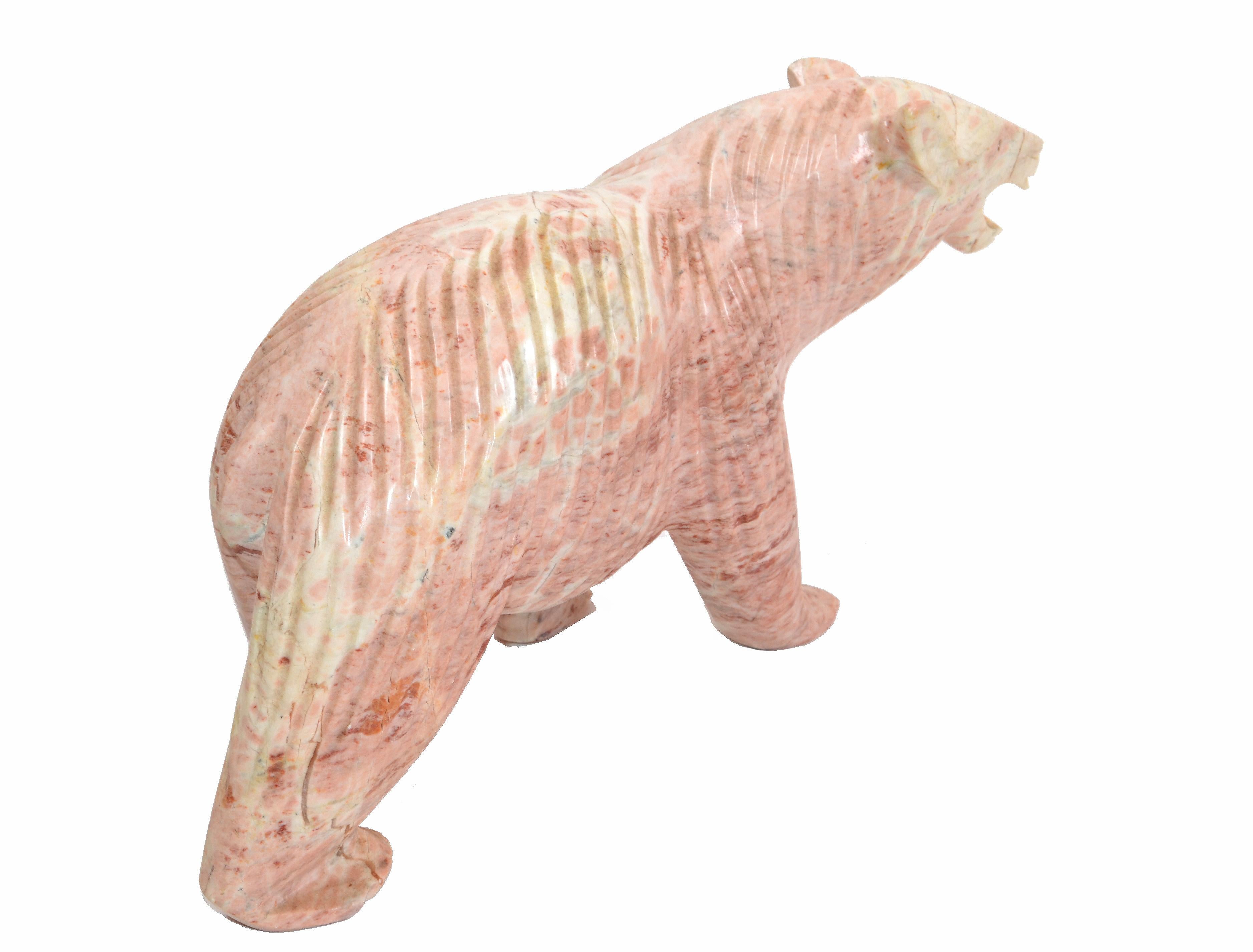 Mid-Century Modern Pale Pink Marble Polar Bear Figurine Animal Sculpture 1970 In Good Condition For Sale In Miami, FL