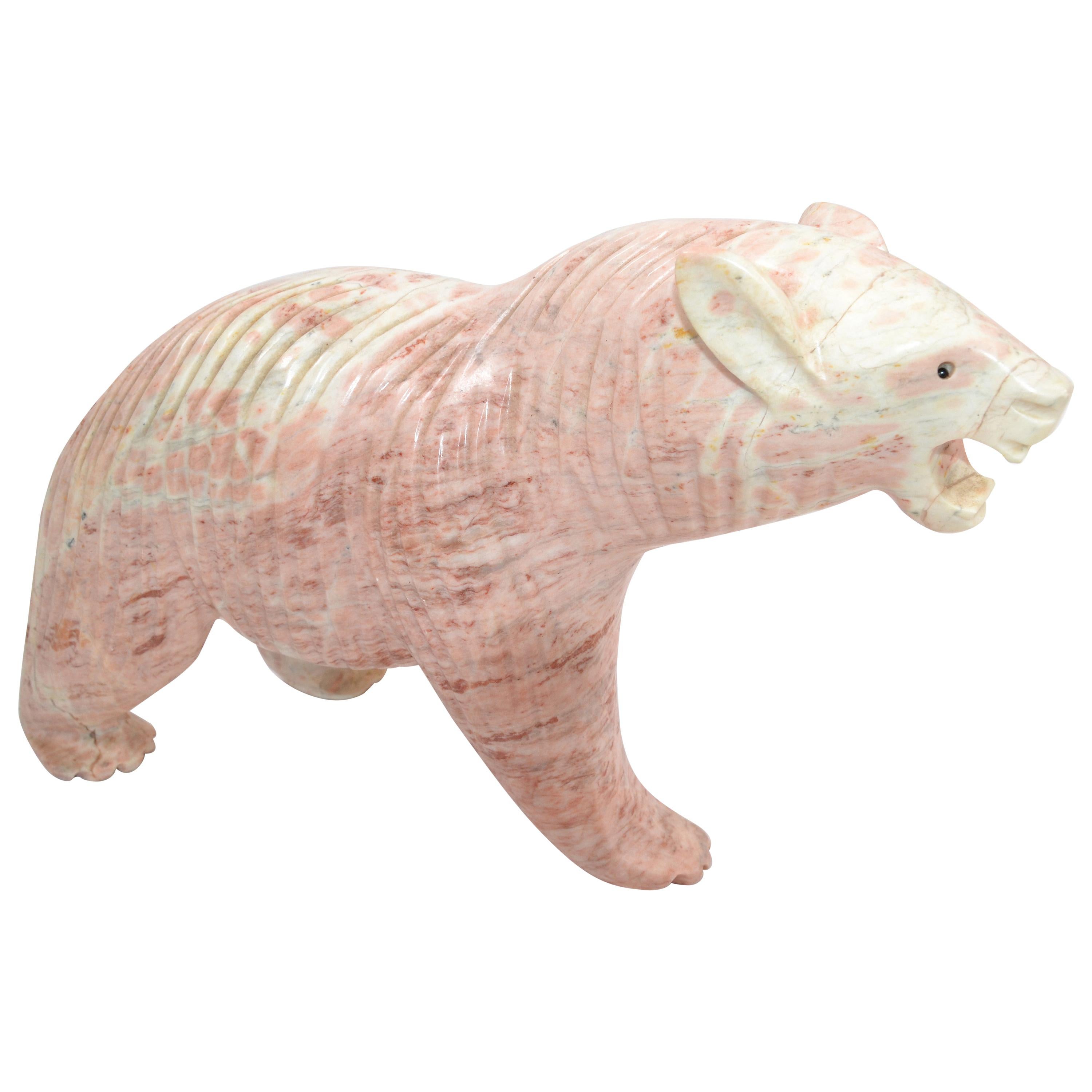 Mid-Century Modern Pale Pink Marble Polar Bear Figurine Animal Sculpture 1970