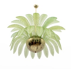 Mid-Century Modern Palm Leaves Big Chandelier Murano Glass and Brass, 1970s