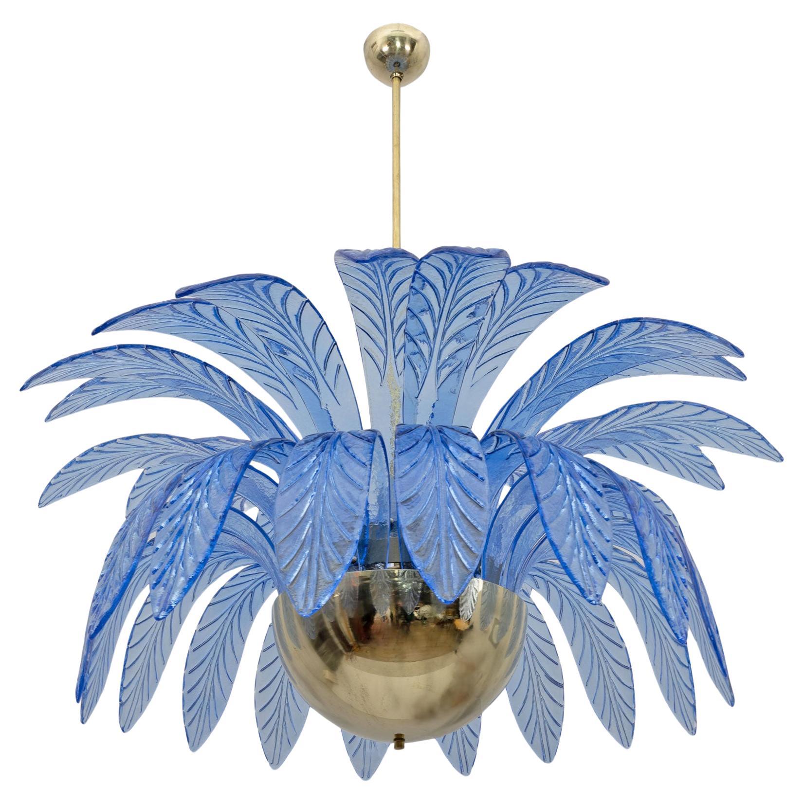 Mid-Century Modern Palm Leaves Big Chandelier Murano Glass and Brass, 1970s