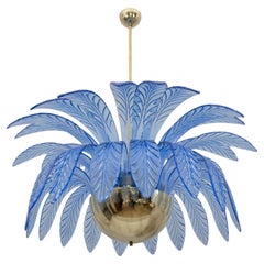 Vintage Mid-Century Modern Palm Leaves Big Chandelier Murano Glass and Brass, 1970s