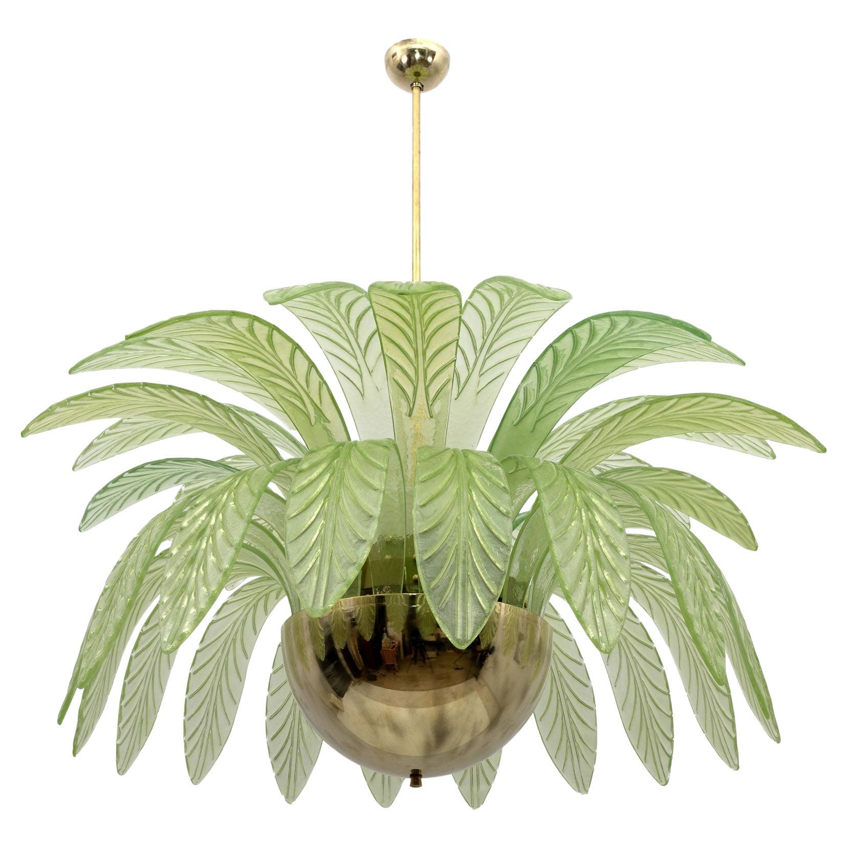 Mid-Century Modern Palm Leaves Big Chandelier Murano Glass and Brass, 1970s For Sale