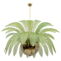 Mid-Century Modern Palm Leaves Big Chandelier Murano Glass and Brass, 1970s