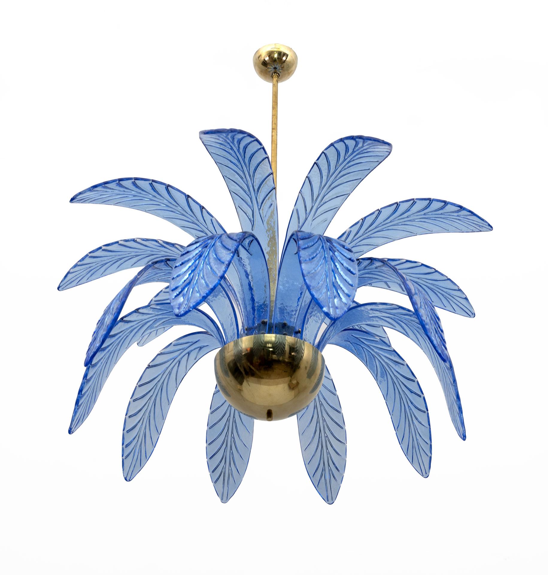 Italian Mid-Century Modern Palm Leaves Chandelier Light Blue Murano Glass and Brass, 70s For Sale
