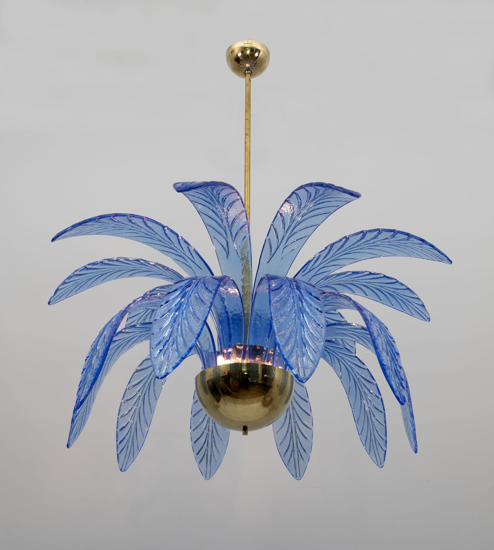 Italian Mid-Century Modern Palm Leaves Chandelier Light Blue Murano Glass and Brass, 70s