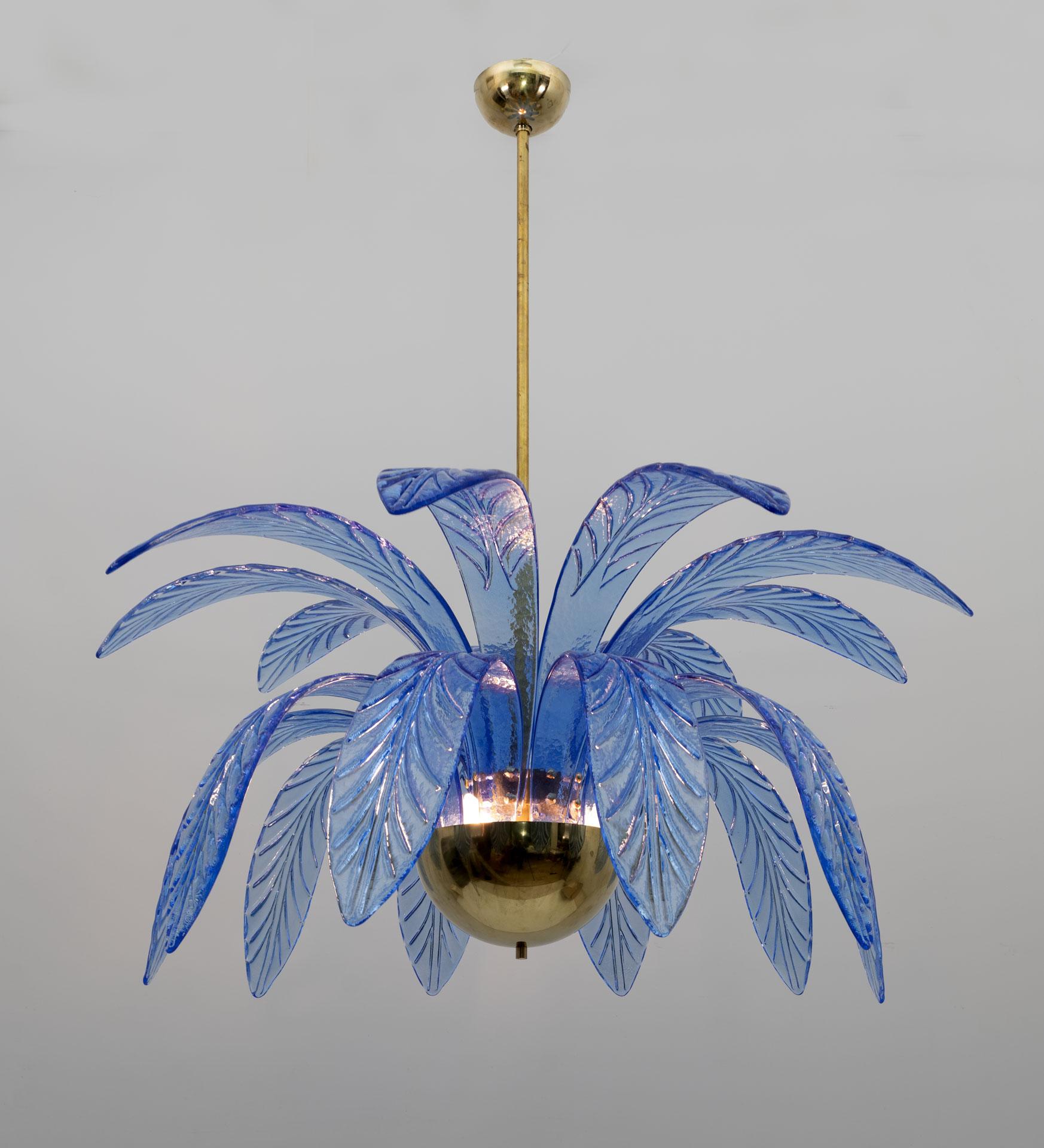 Late 20th Century Mid-Century Modern Palm Leaves Chandelier Light Blue Murano Glass and Brass, 70s For Sale