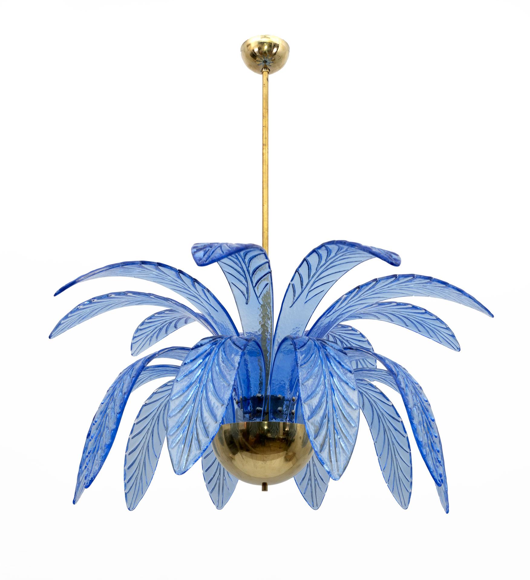 Late 20th Century Mid-Century Modern Palm Leaves Chandelier Light Blue Murano Glass and Brass, 70s