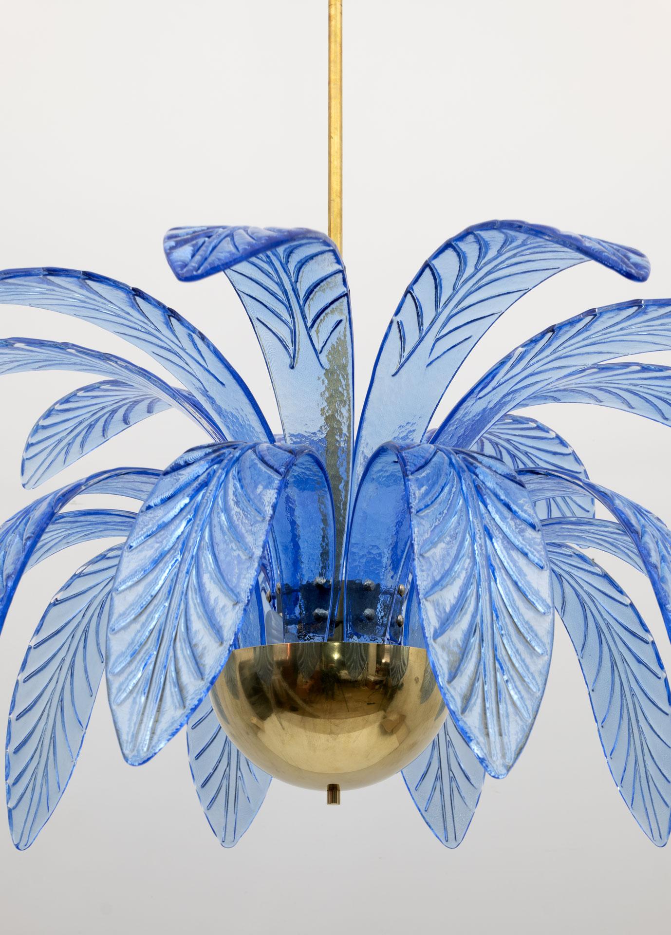 Mid-Century Modern Palm Leaves Chandelier Light Blue Murano Glass and Brass, 70s 1