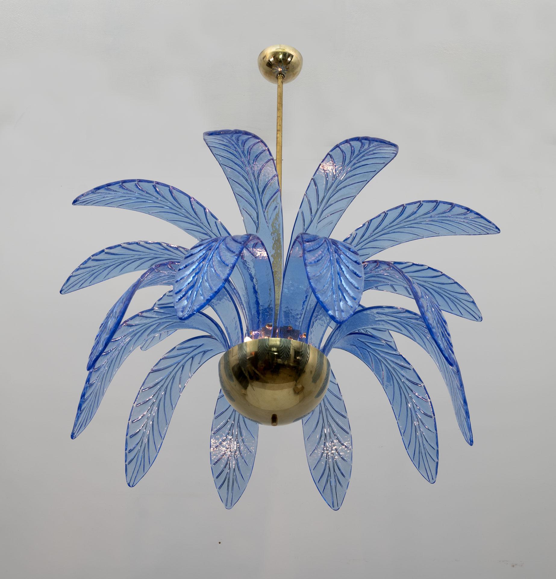 Mid-Century Modern Palm Leaves Chandelier Light Blue Murano Glass and Brass, 70s 3