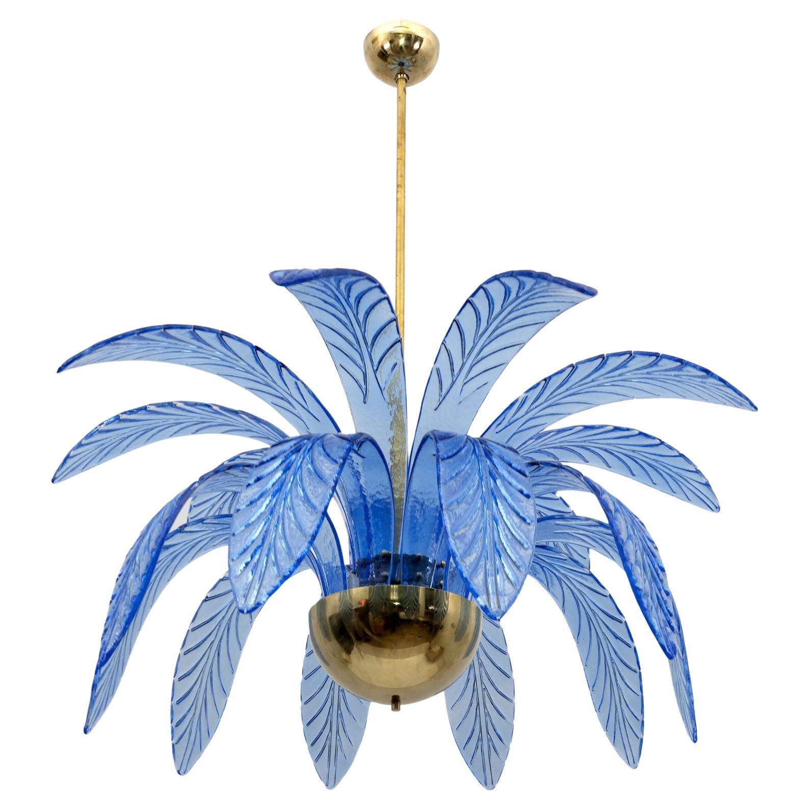 Mid-Century Modern Palm Leaves Chandelier Light Blue Murano Glass and Brass, 70s For Sale