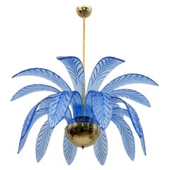Vintage Mid-Century Modern Palm Leaves Chandelier Light Blue Murano Glass and Brass, 70s