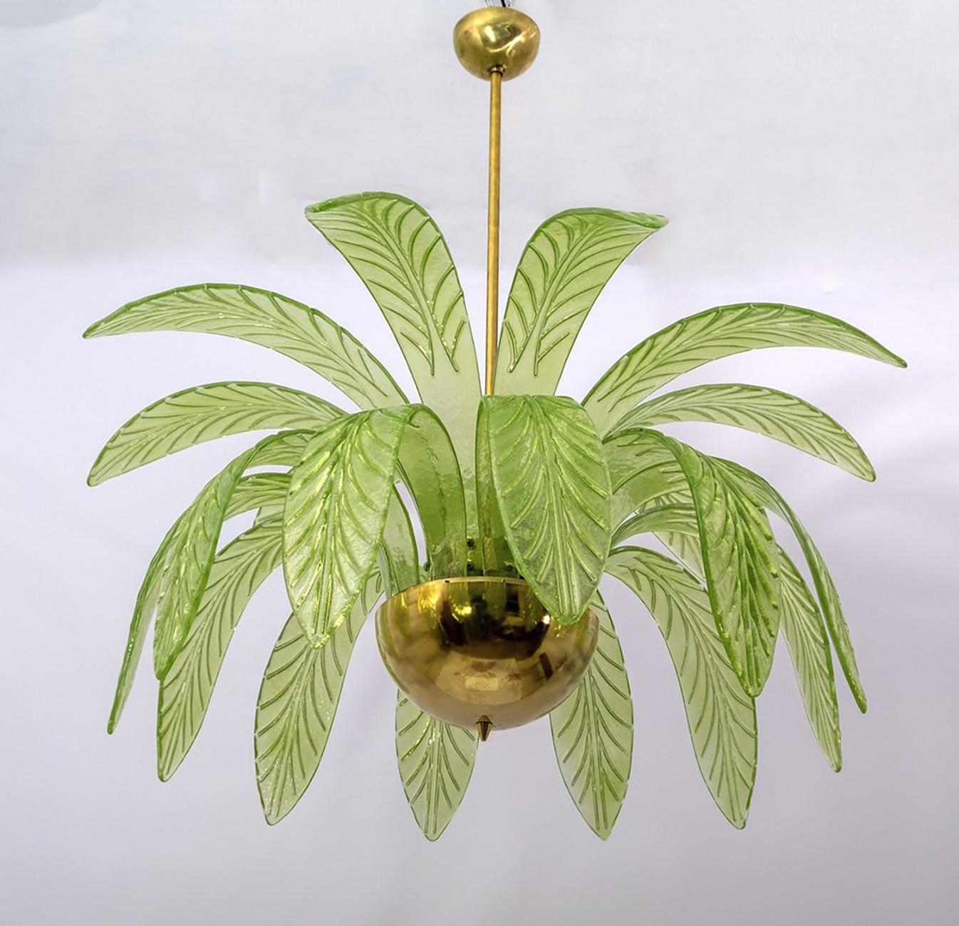 Mouth blown murano glass chandelier, 21 green murano glass leaves, brass structure, five bulbs.
The chandelier reproduces the crown of a palm tree.
We supply reducers for USA E12 bulbs
