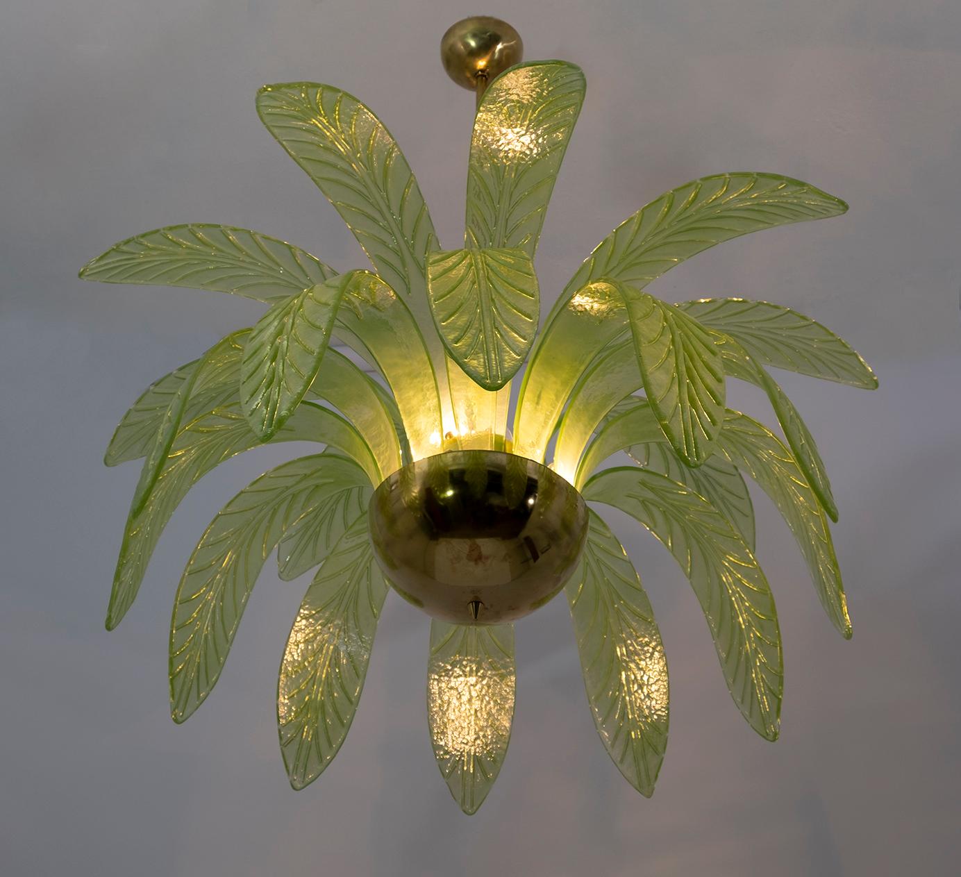 Mouth blown Murano glass chandelier, green Murano glass leaves, brass structure, three bulbs.
The chandelier reproduces the crown of a palm tree.
We supply reducers for USA E12 bulbs.