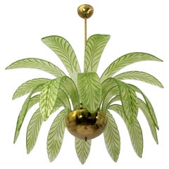 Mid-Century Modern Palm Leaves Chandelier Murano Glass and Brass, 1970s