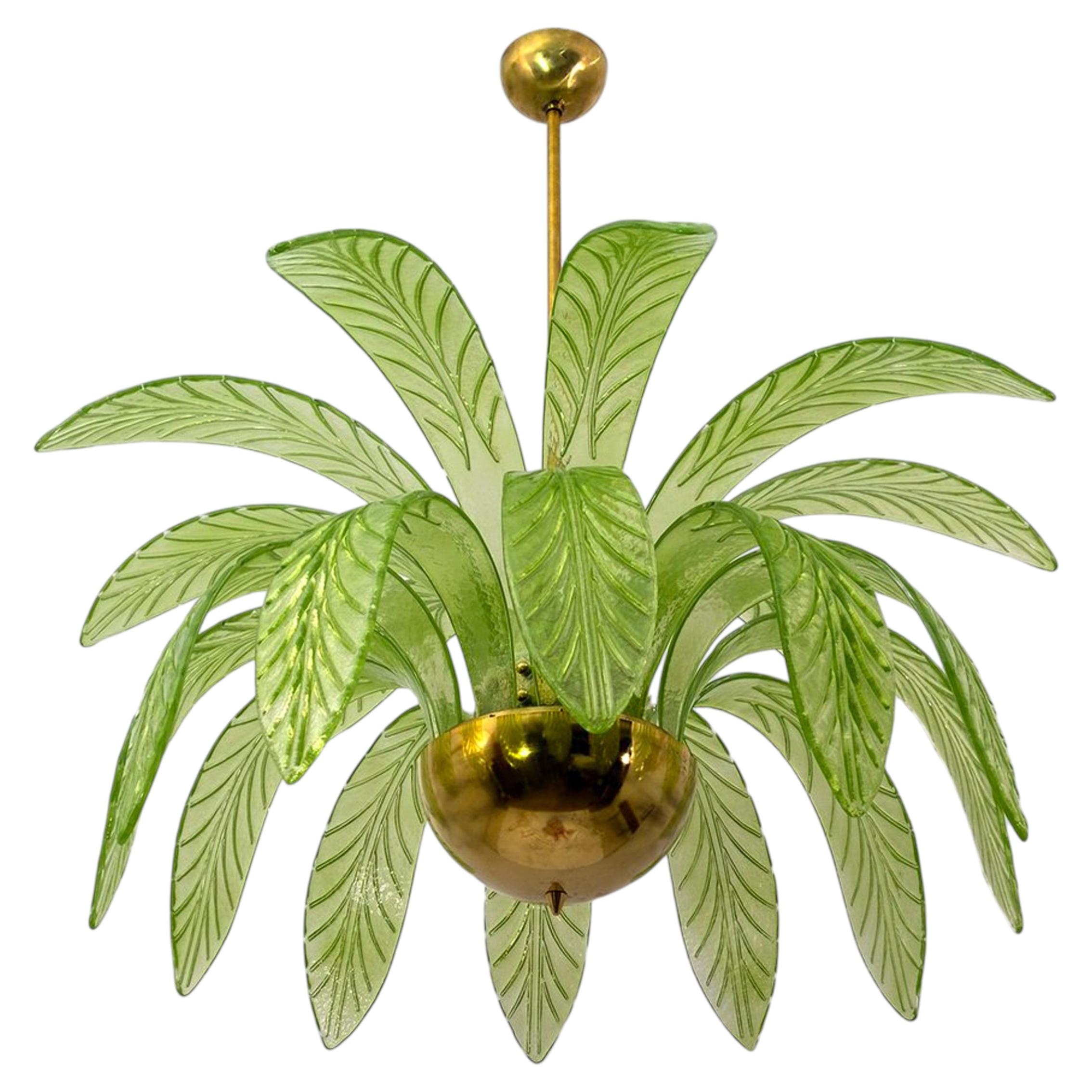Mid-Century Modern Palm Leaves Chandelier, Murano Glass and Brass For Sale