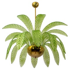 Mid-Century Modern Palm Leaves Chandelier, Murano Glass and Brass
