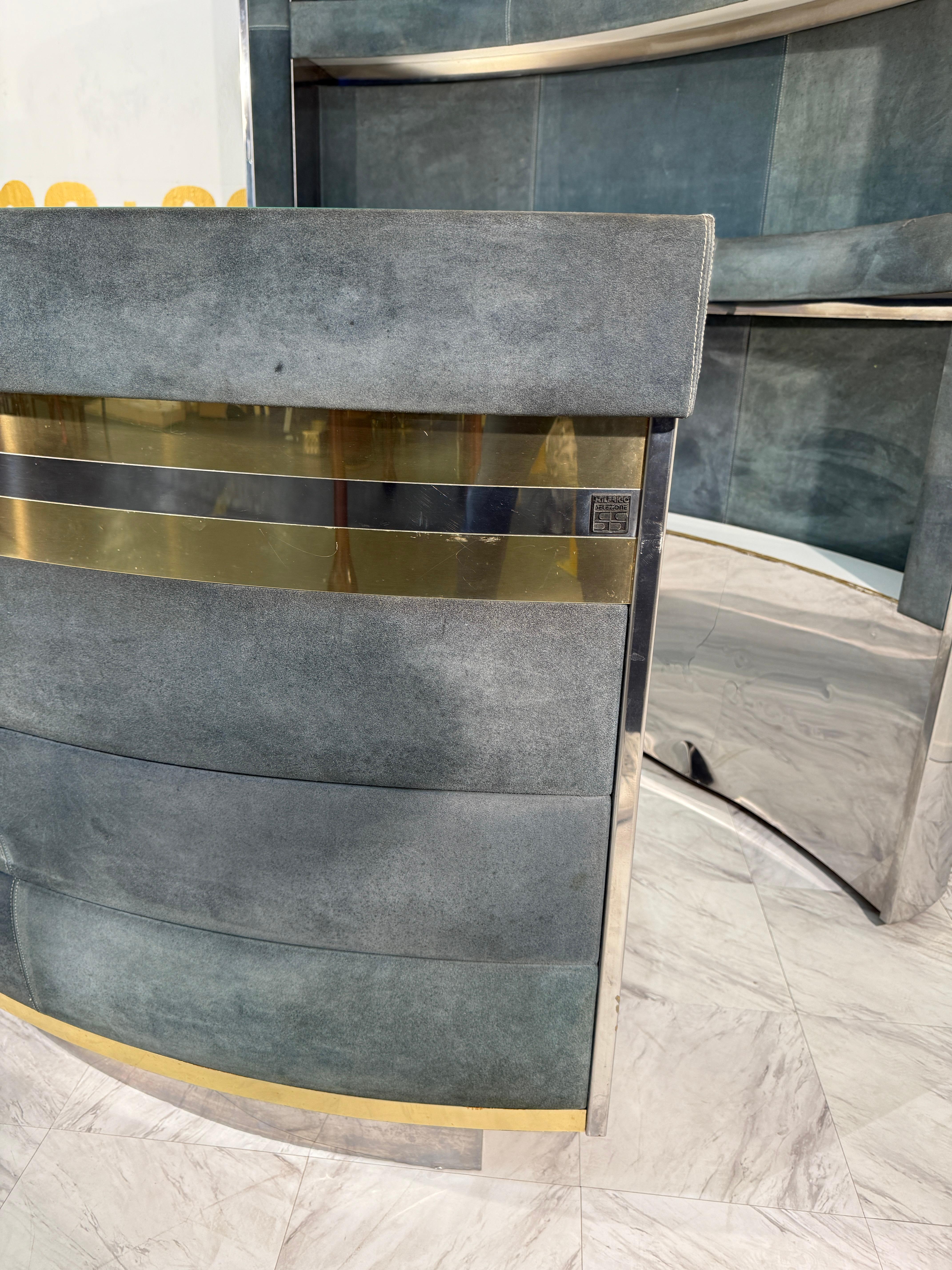 Italian Mid-Century Modern Paolo Buffa Style Bar Cabinet in Blue Suede, Brass & Chrome For Sale