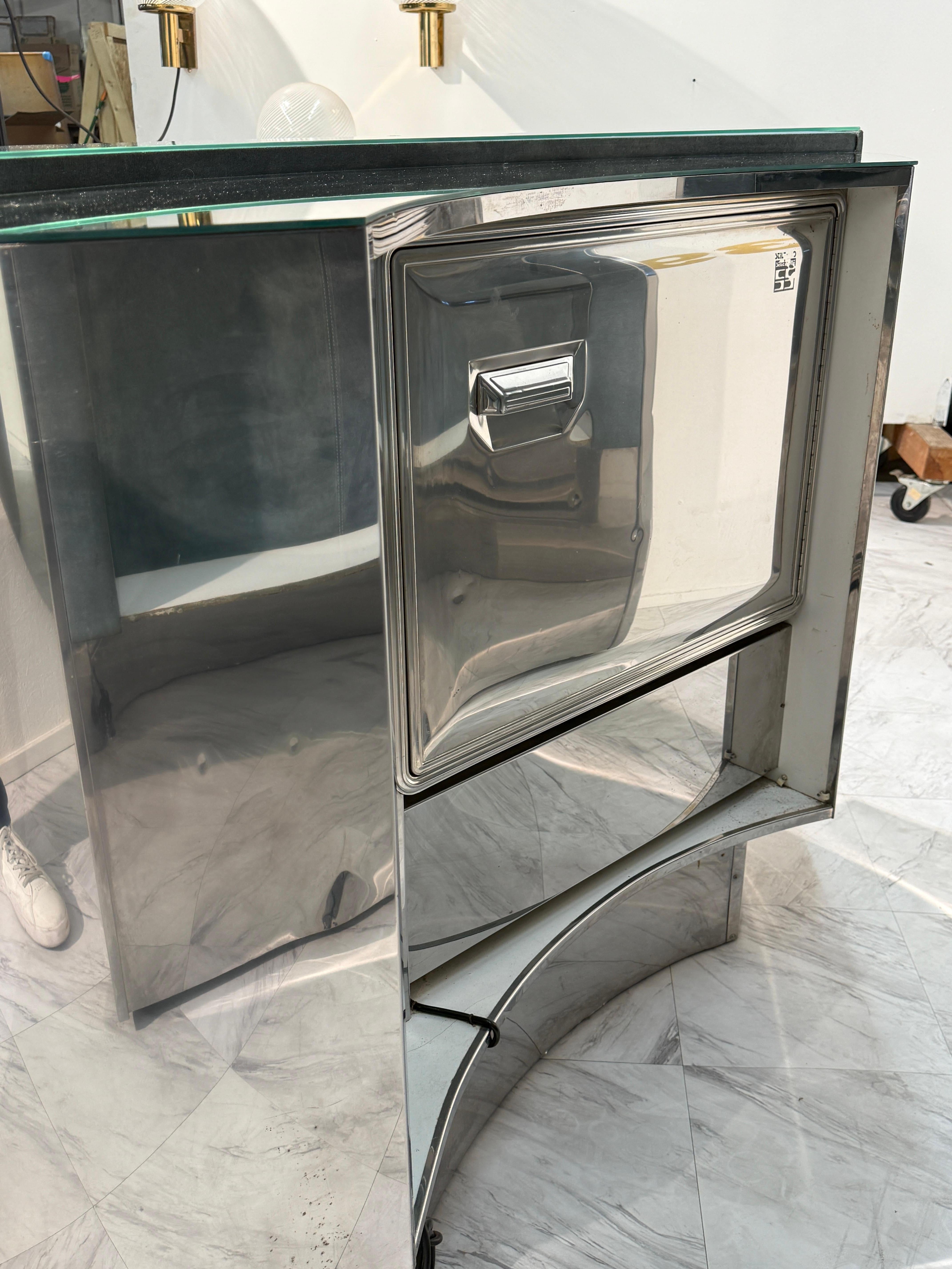Late 20th Century Mid-Century Modern Paolo Buffa Style Bar Cabinet in Blue Suede, Brass & Chrome For Sale