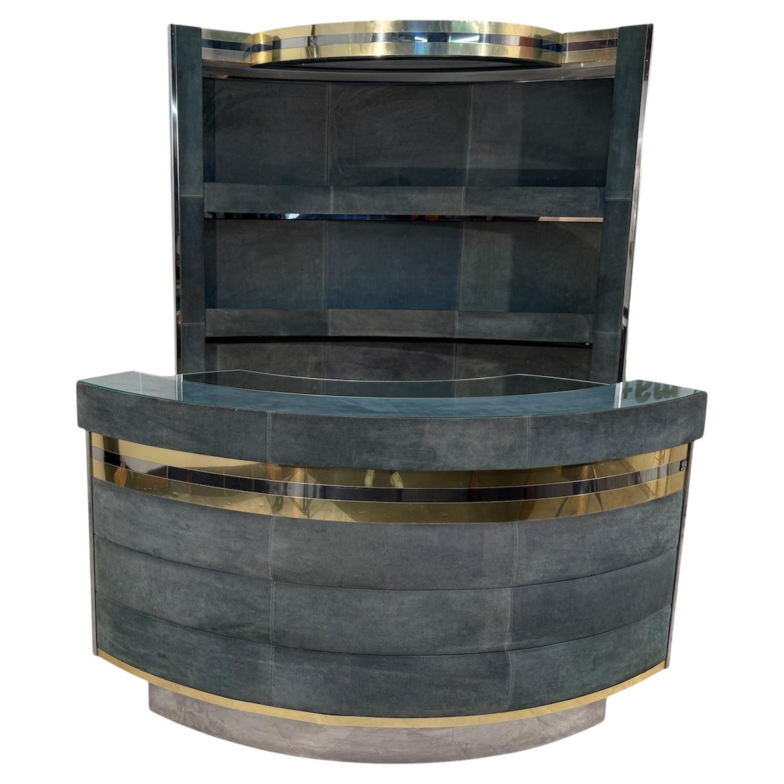Mid-Century Modern Paolo Buffa Style Bar Cabinet in Blue Suede, Brass & Chrome For Sale