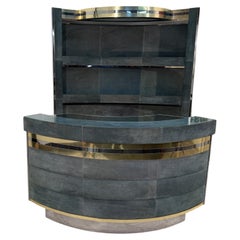 Vintage Mid-Century Modern Paolo Buffa Style Bar Cabinet in Blue Suede, Brass & Chrome