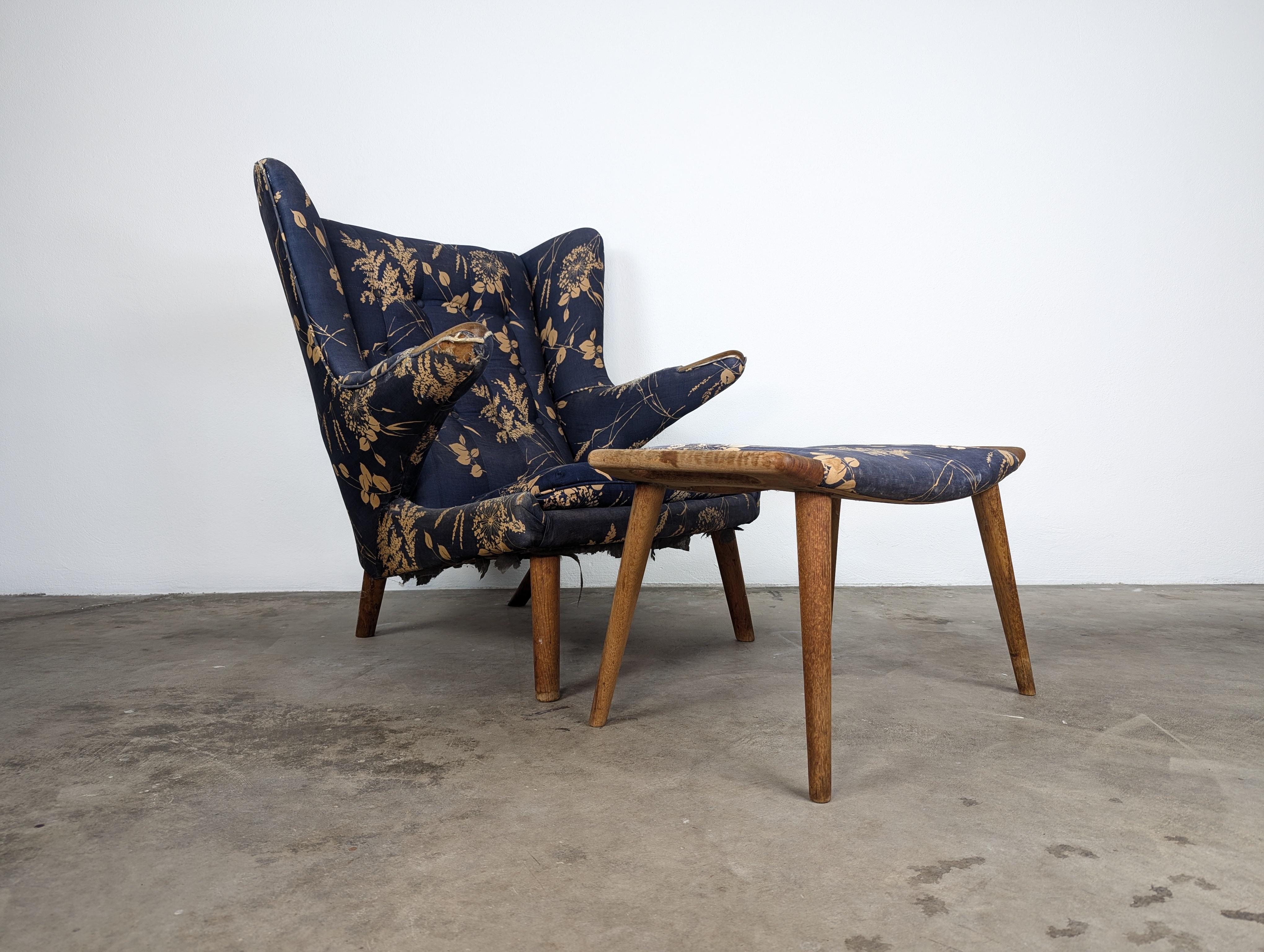 Leather Mid Century Modern Papa Bear Lounge Chair & Ottoman by Hans Wegner, c1950s