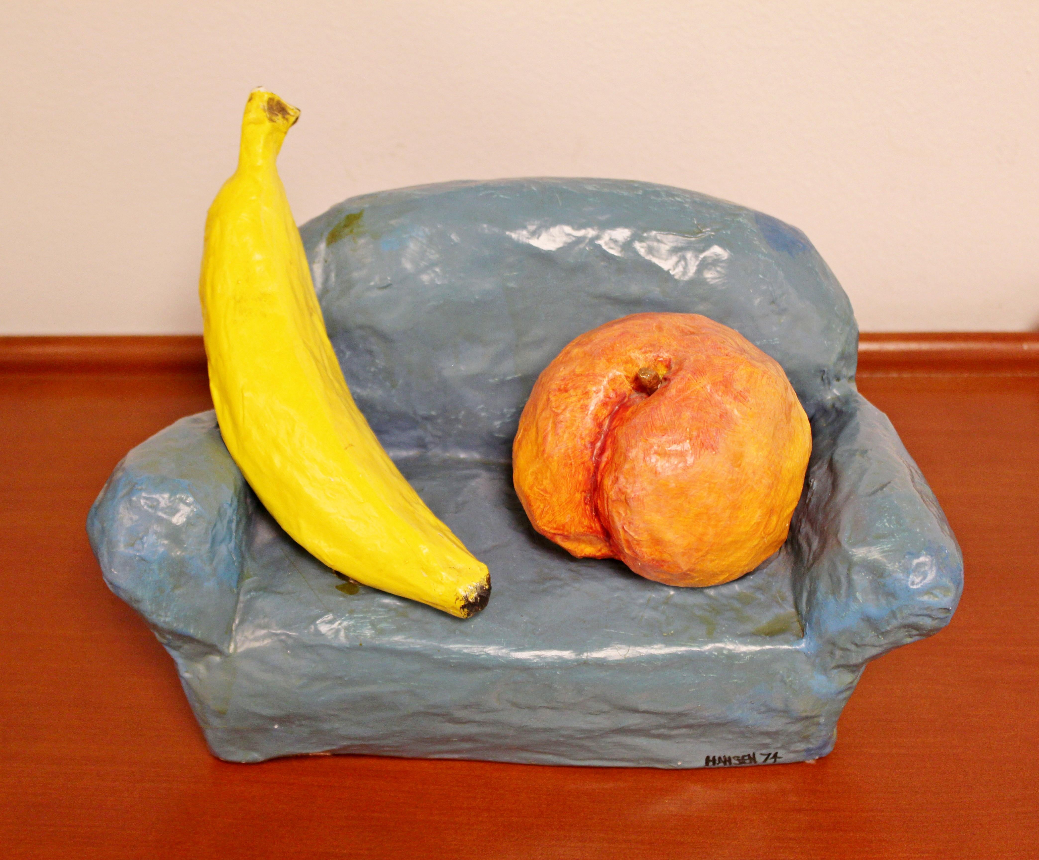 For your consideration is a whimsical, papier-mâché table sculpture of fruit on a sofa, entitled 