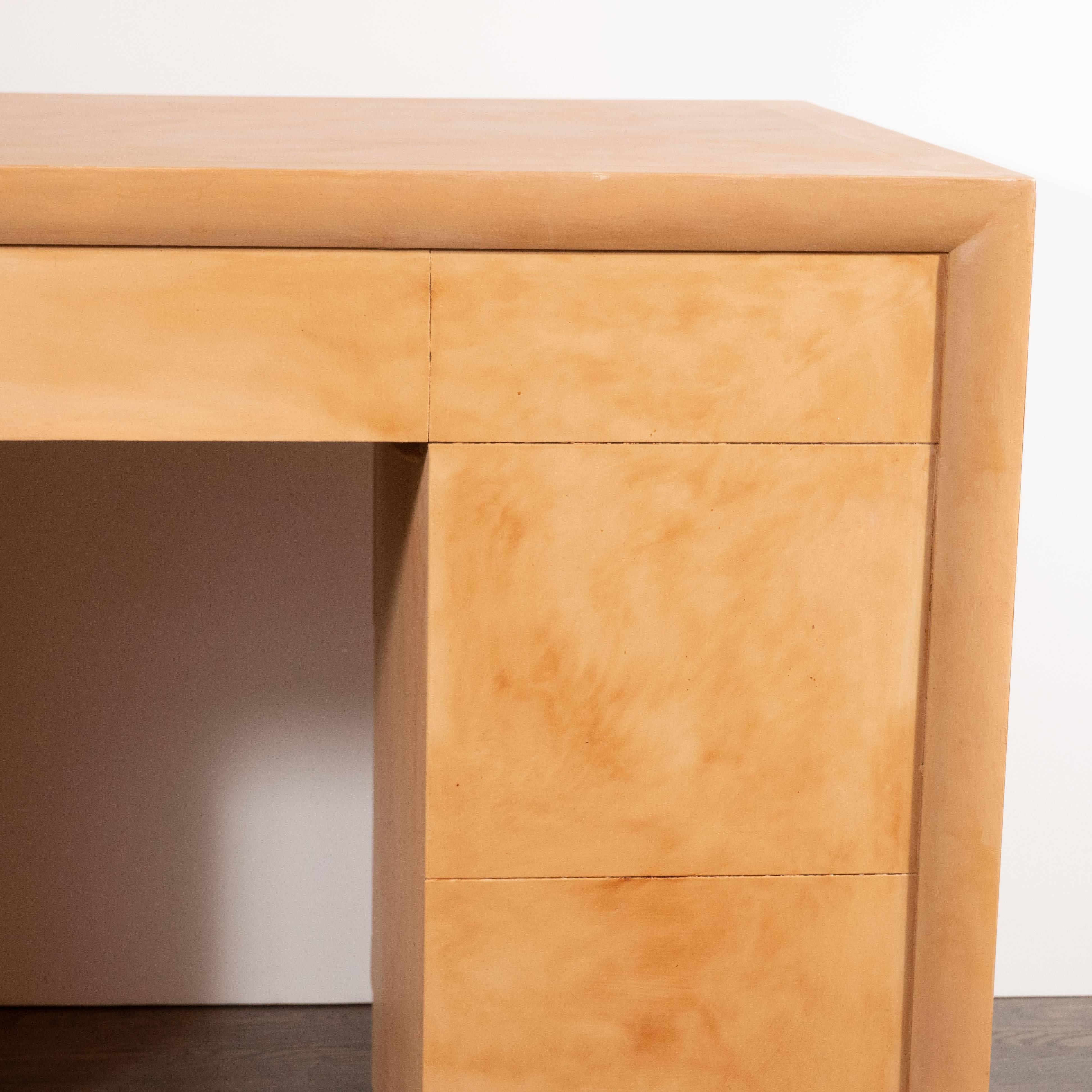 Mid-Century Modern Parchment Desk with Circular Brass Pulls by Robsjohn-Gibbings 6